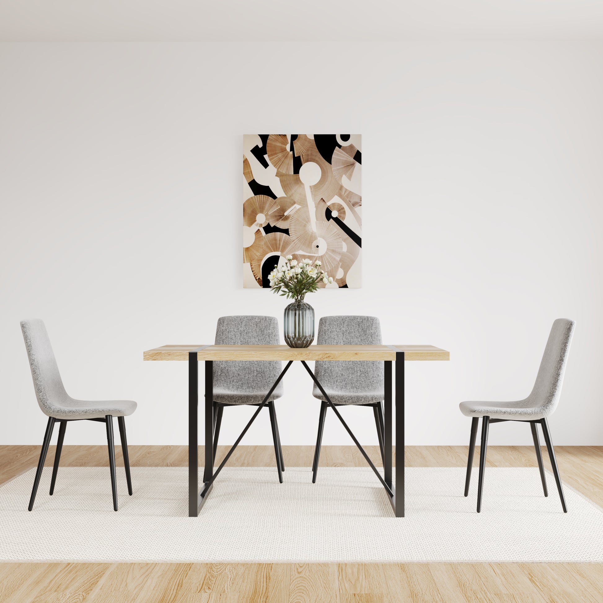 Light grey fabric dining chair with black metal legs