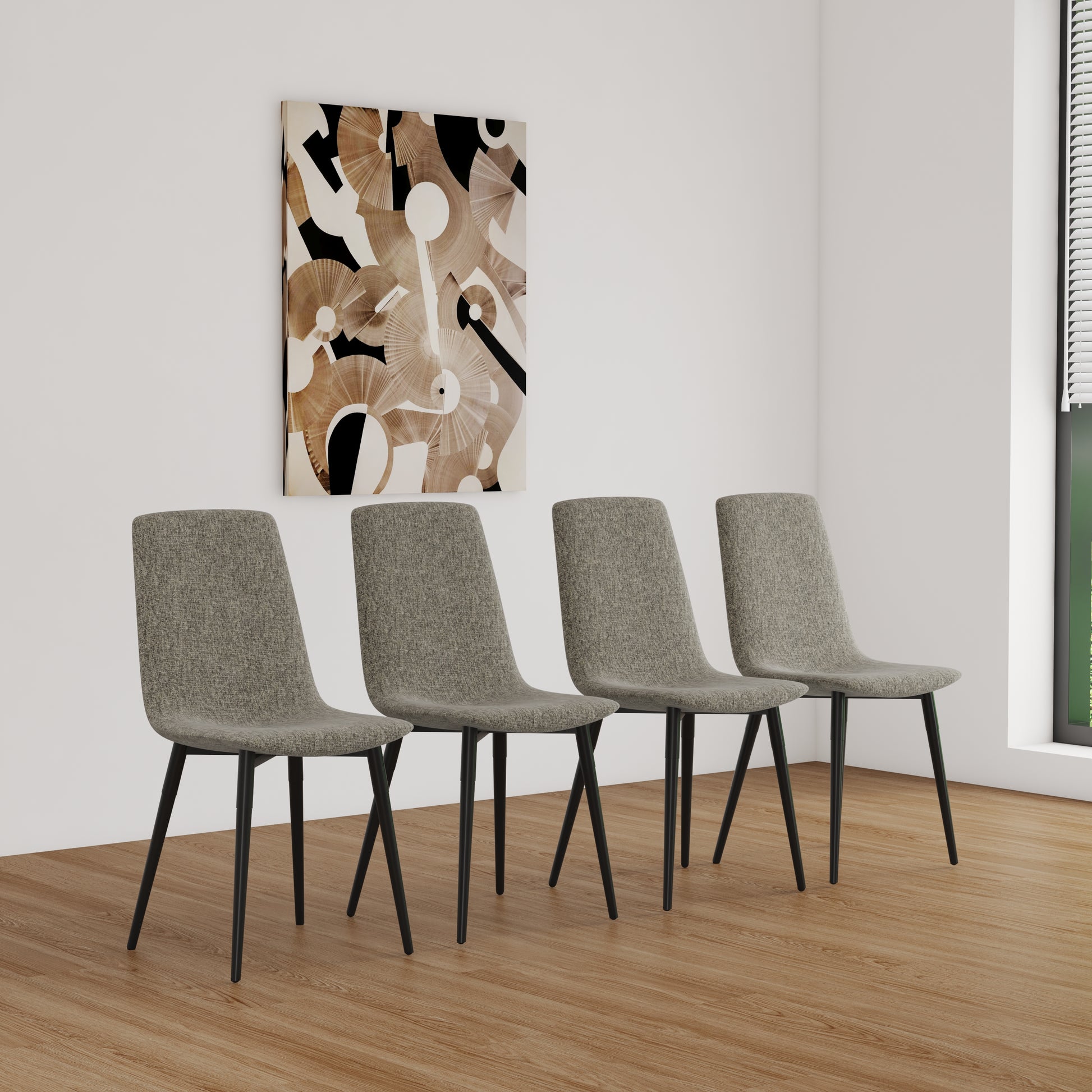 Modern grey fabric dining chair with black metal legs