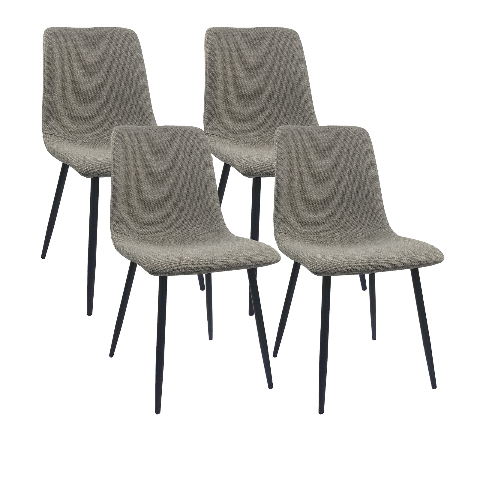 Set of four grey fabric dining chairs with black metal legs
