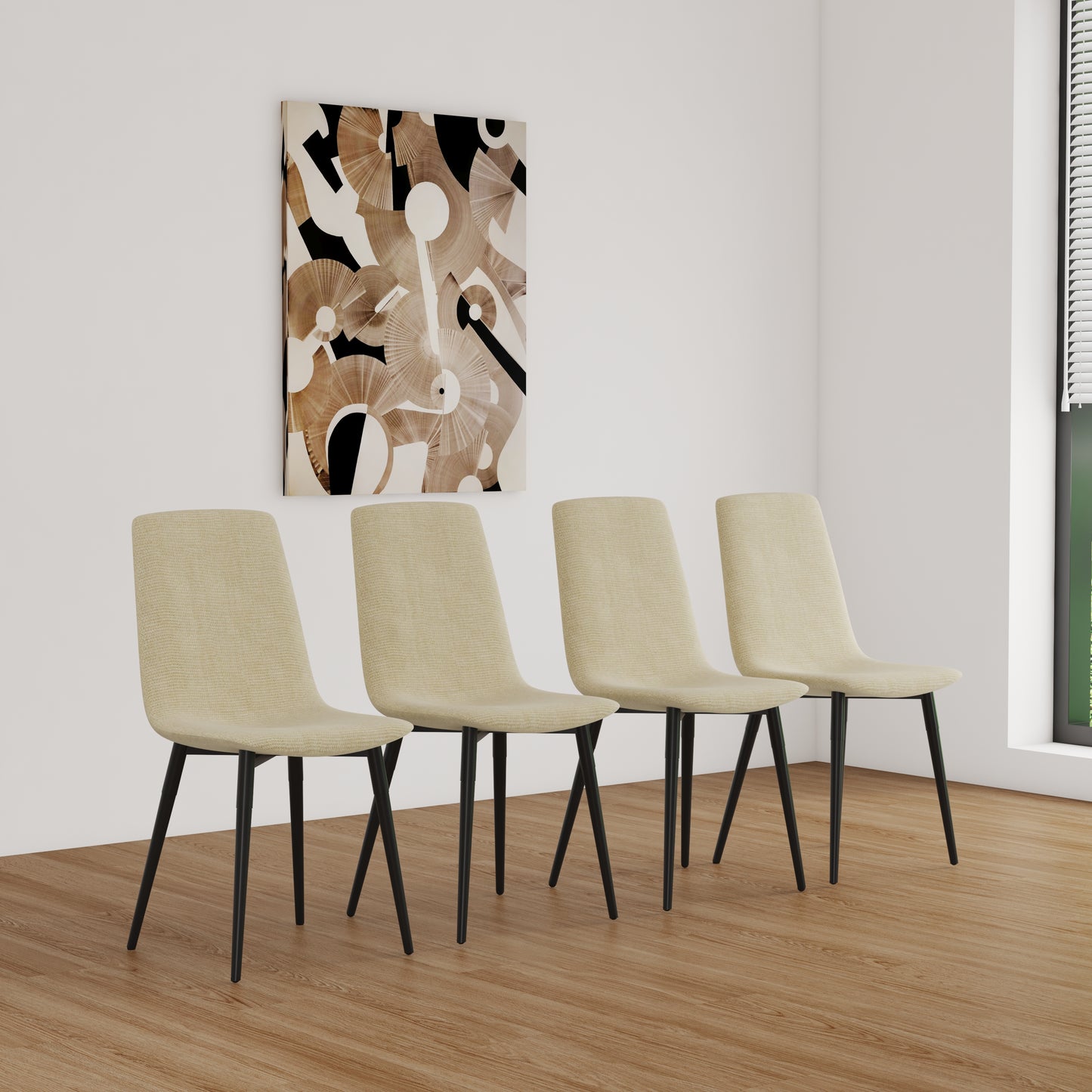 Set of four beige upholstered dining chairs with black metal legs
