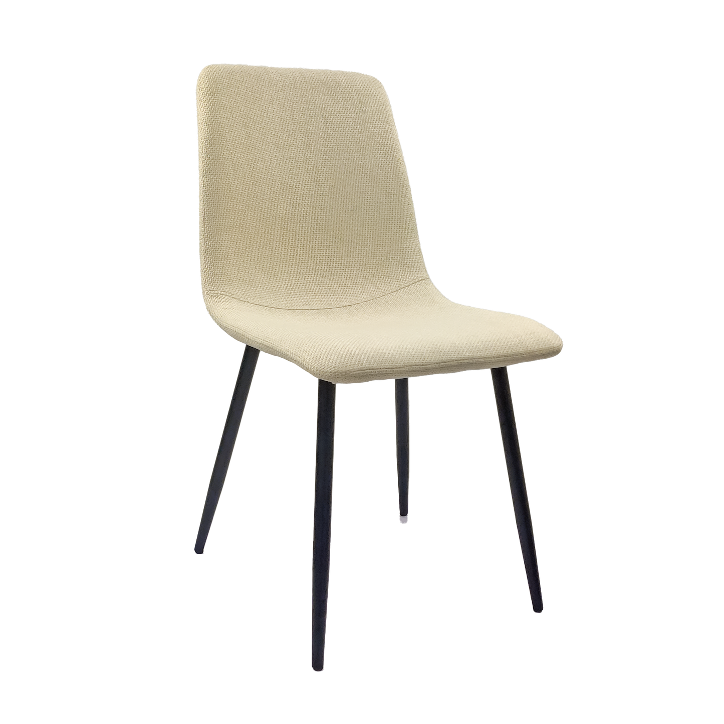 Beige upholstered dining chair with slim black metal legs