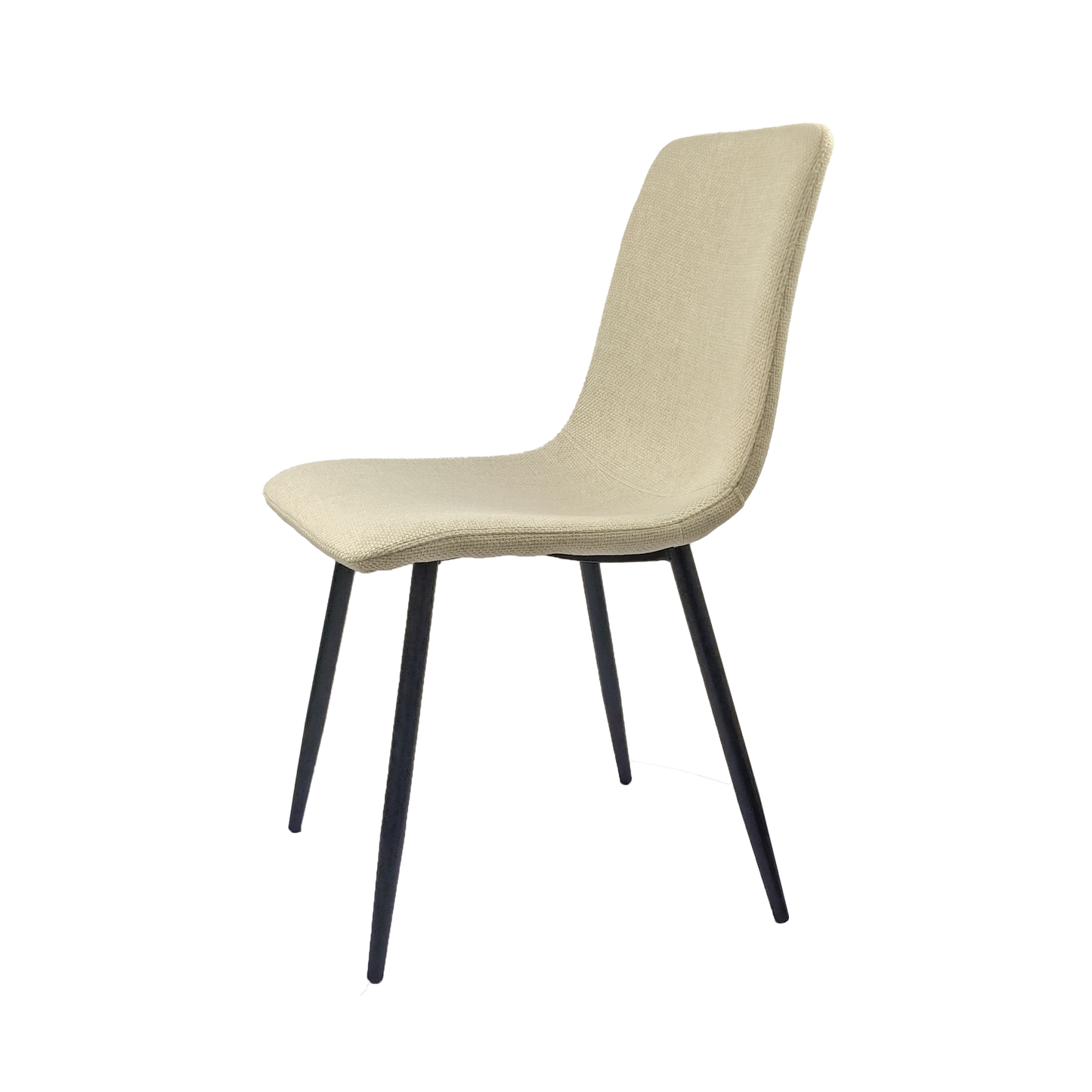 Modern beige upholstered dining chair with black metal legs