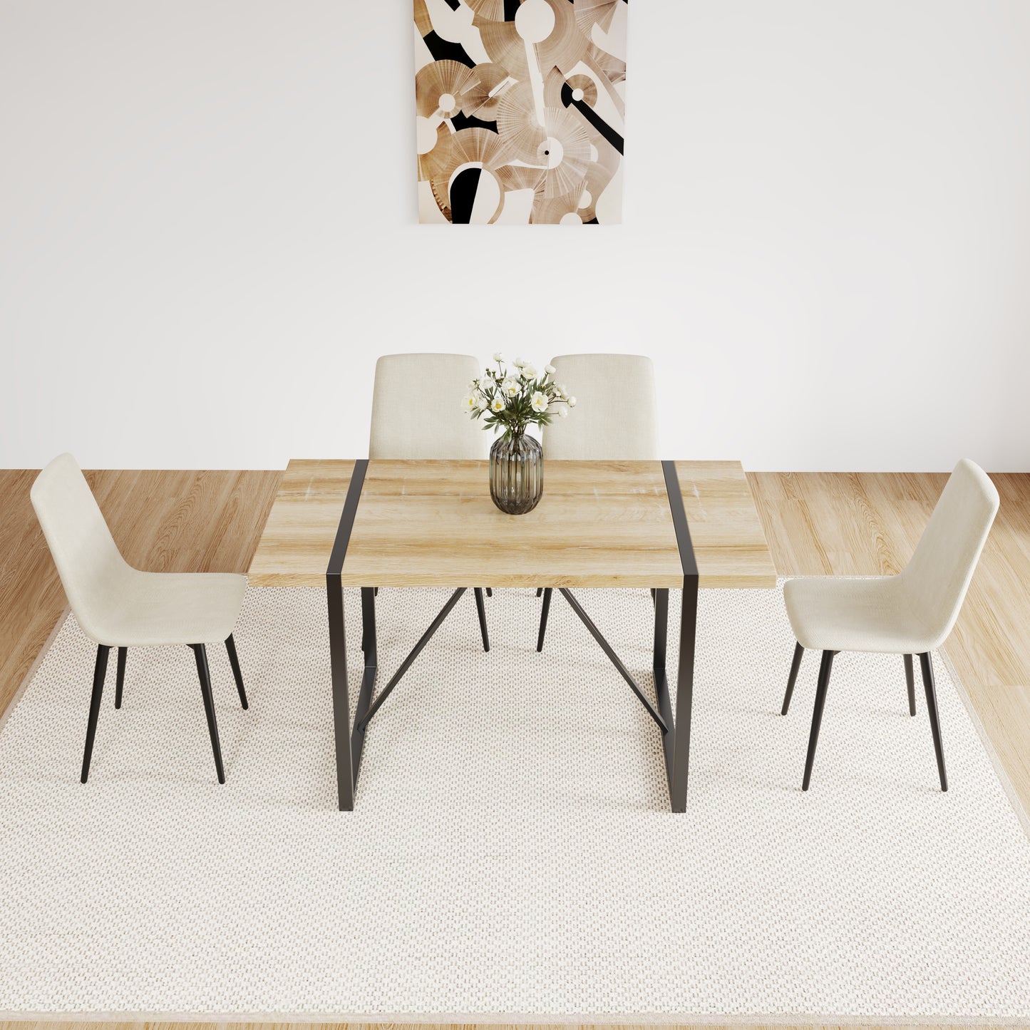 Modern light wood dining table with black metal legs