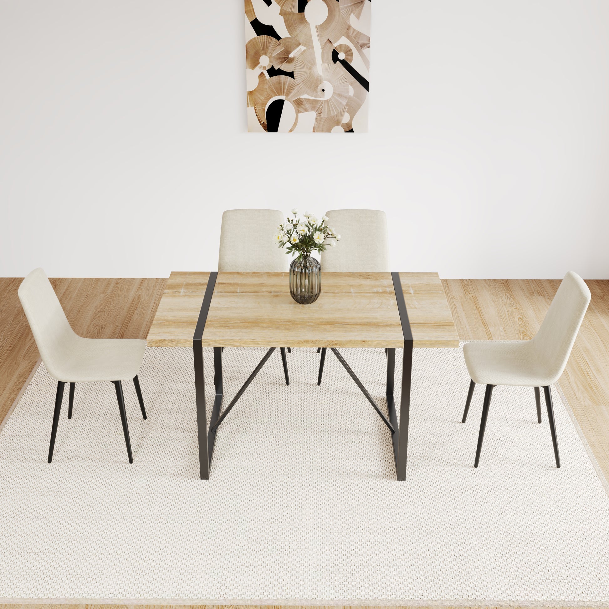 Modern light wood dining table with black metal legs