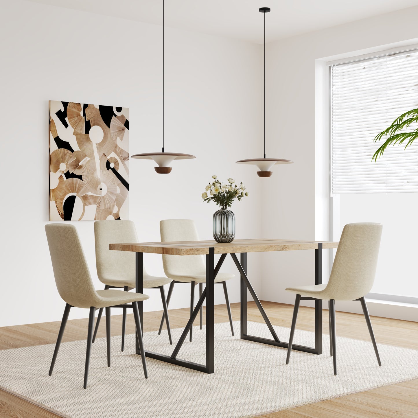 Modern dining set with light wood table and beige upholstered chairs