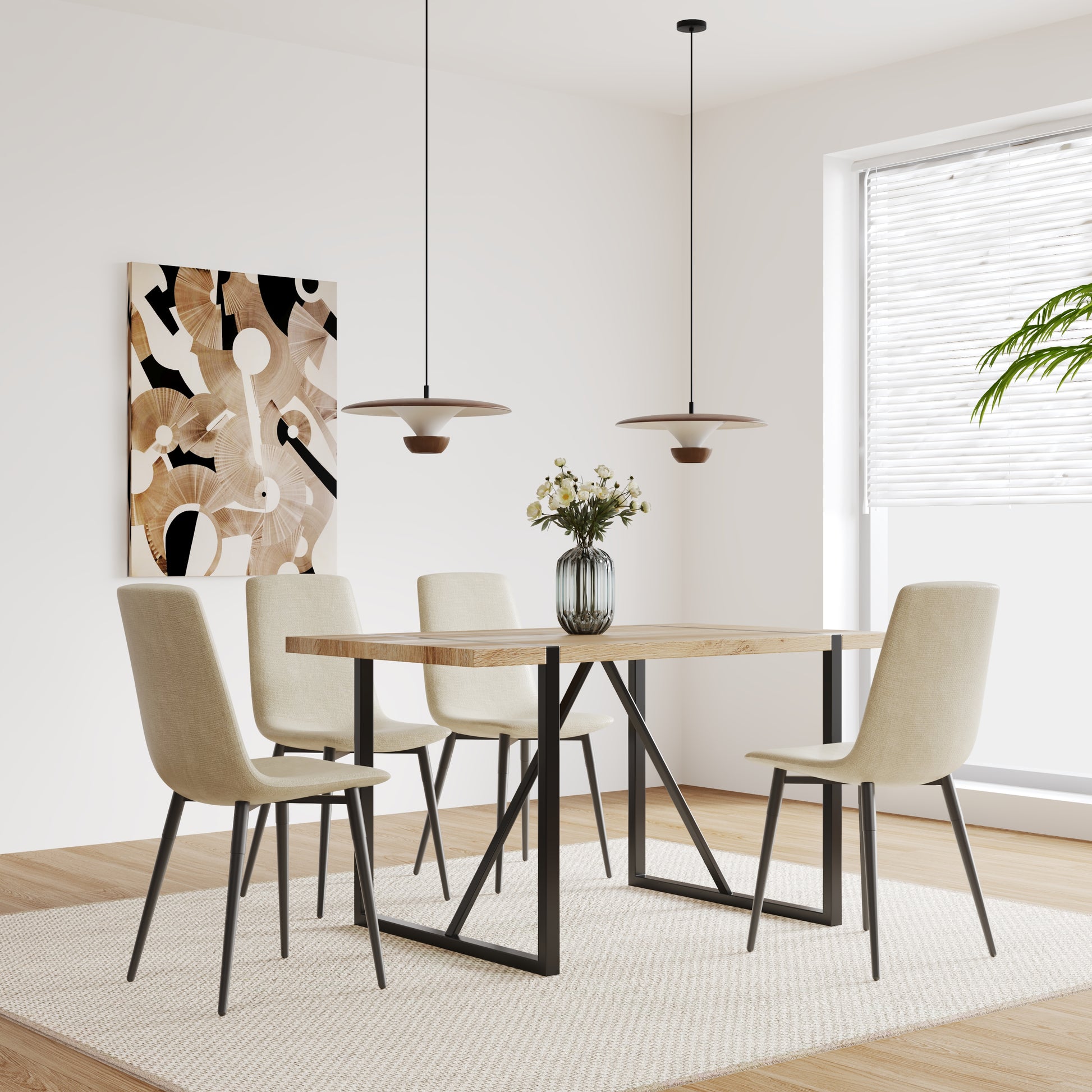 Modern dining set with light wood table and beige upholstered chairs