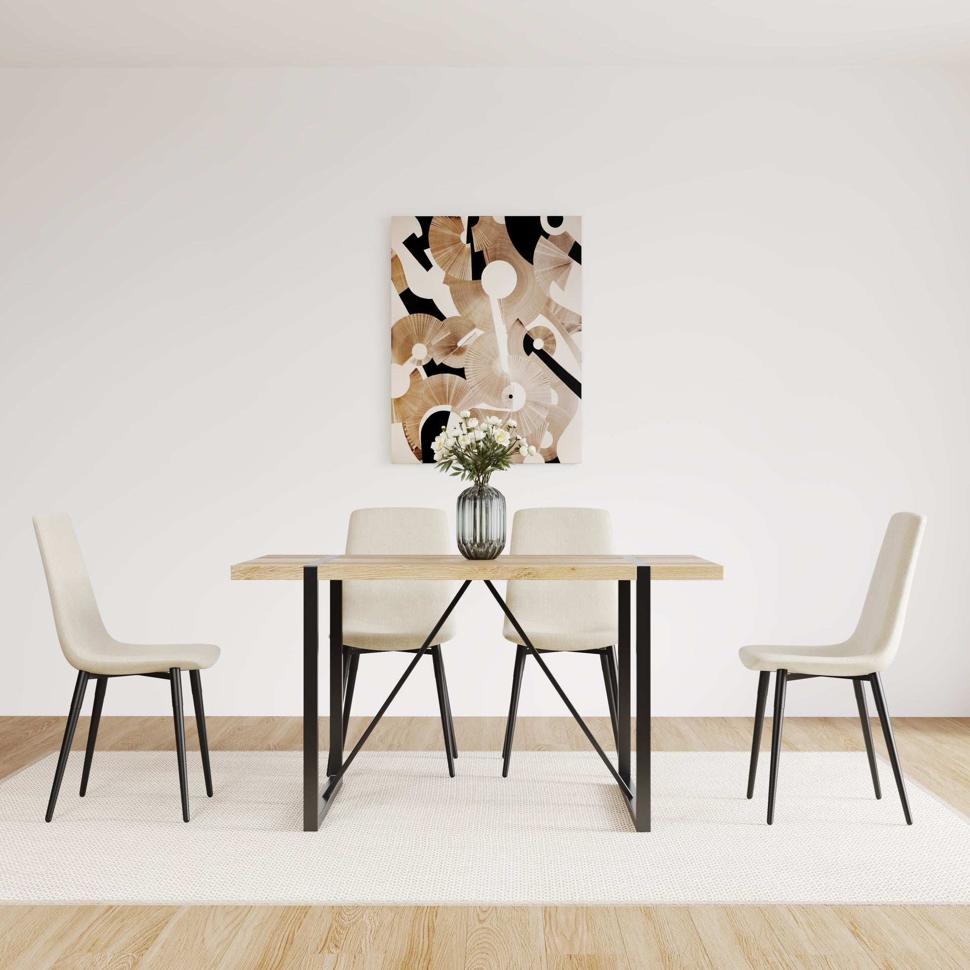 Modern dining set with light wood table and four cream chairs