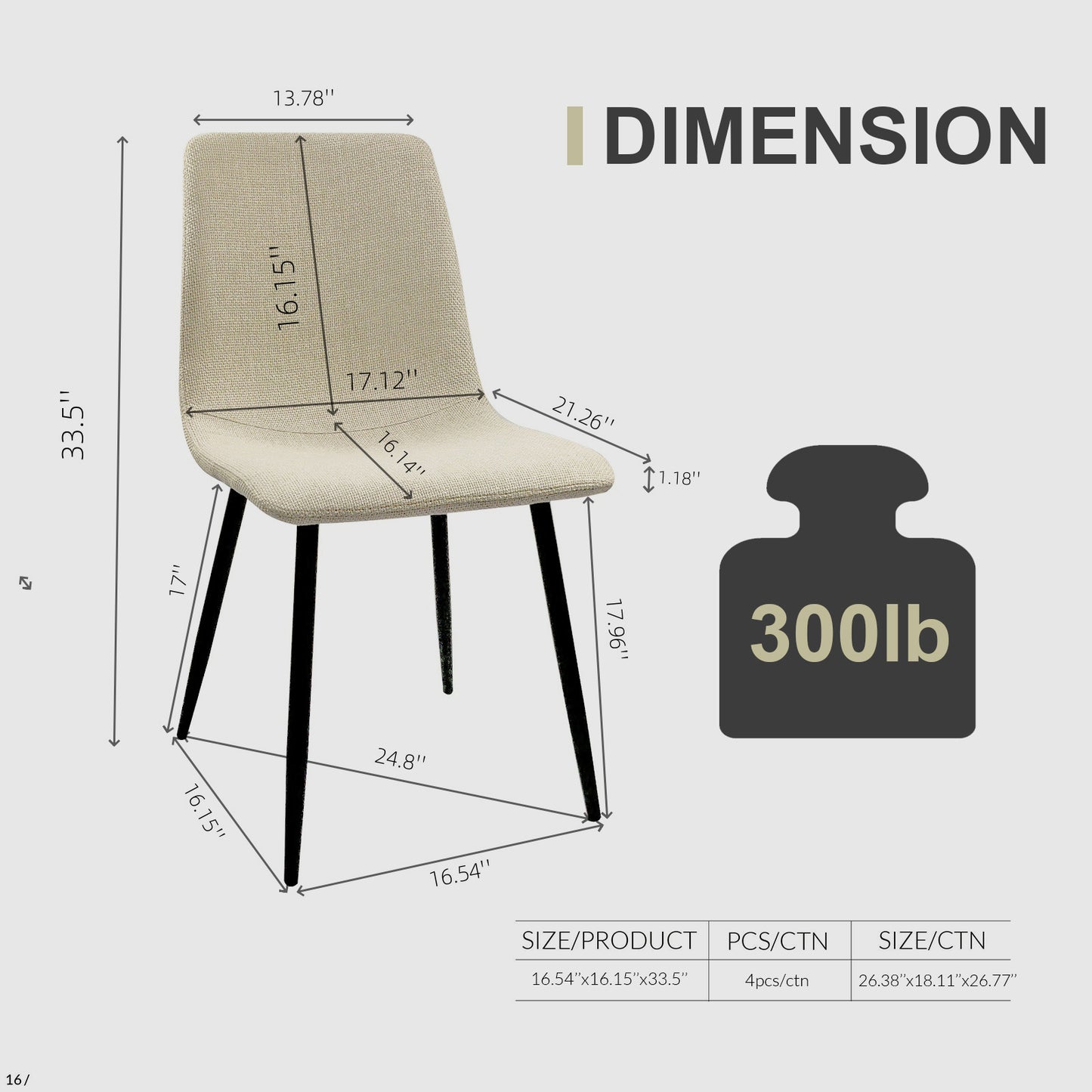 Modern upholstered dining chair with beige fabric and black metal legs dimensions shown