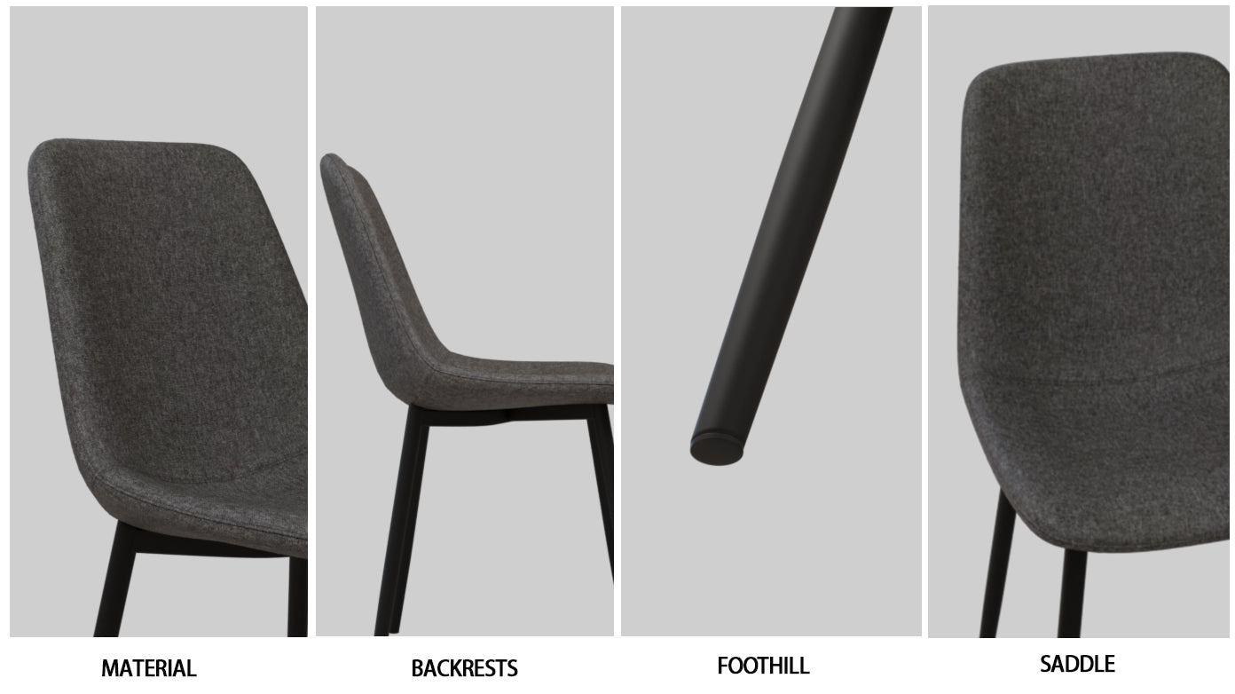Closeup of dark grey fabric on a modern dining chair seat and backrest