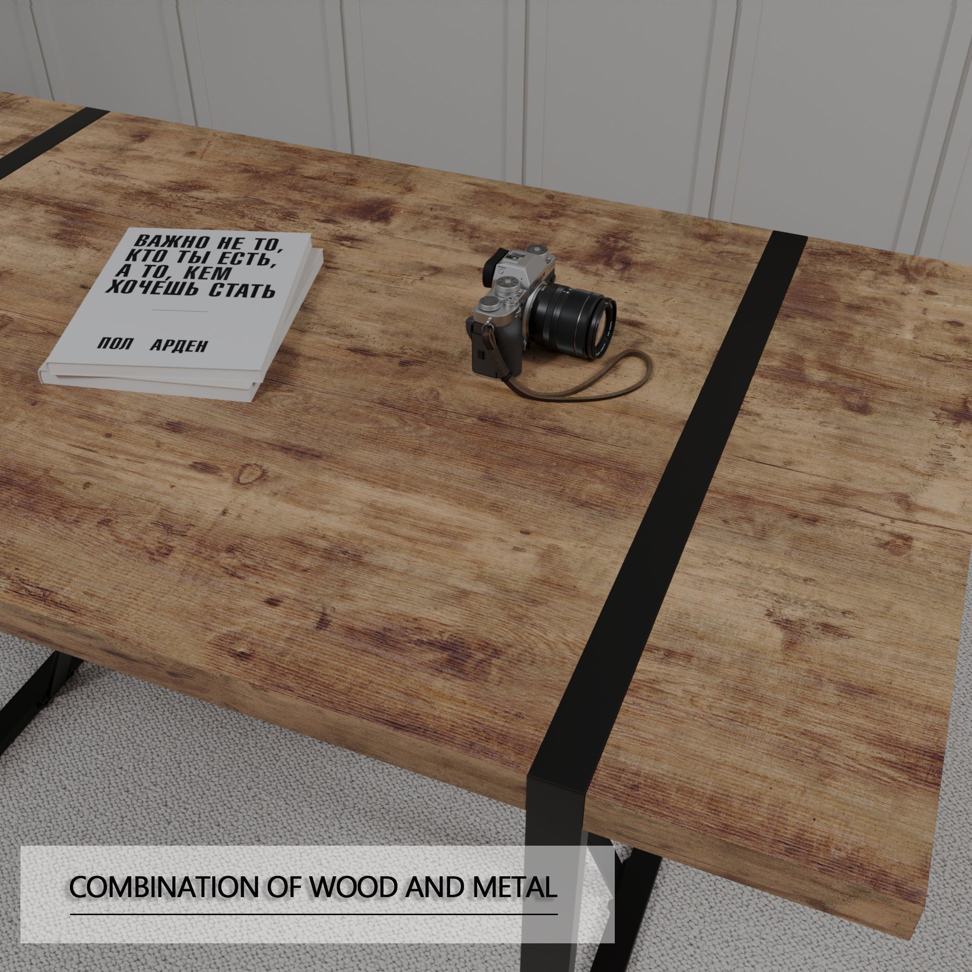 Rustic wooden coffee table with black metal accents