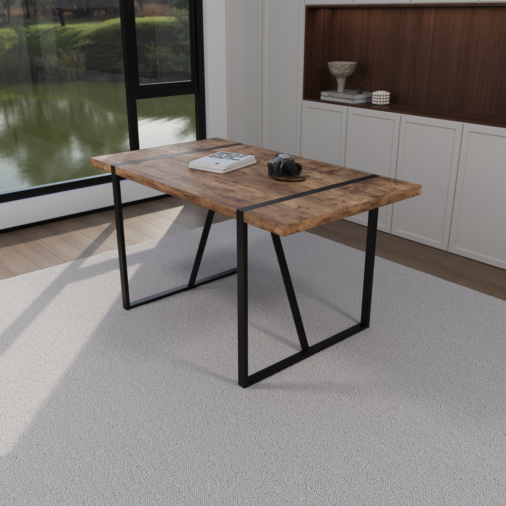 Rustic wood dining table with black metal legs and subtle wood grain texture