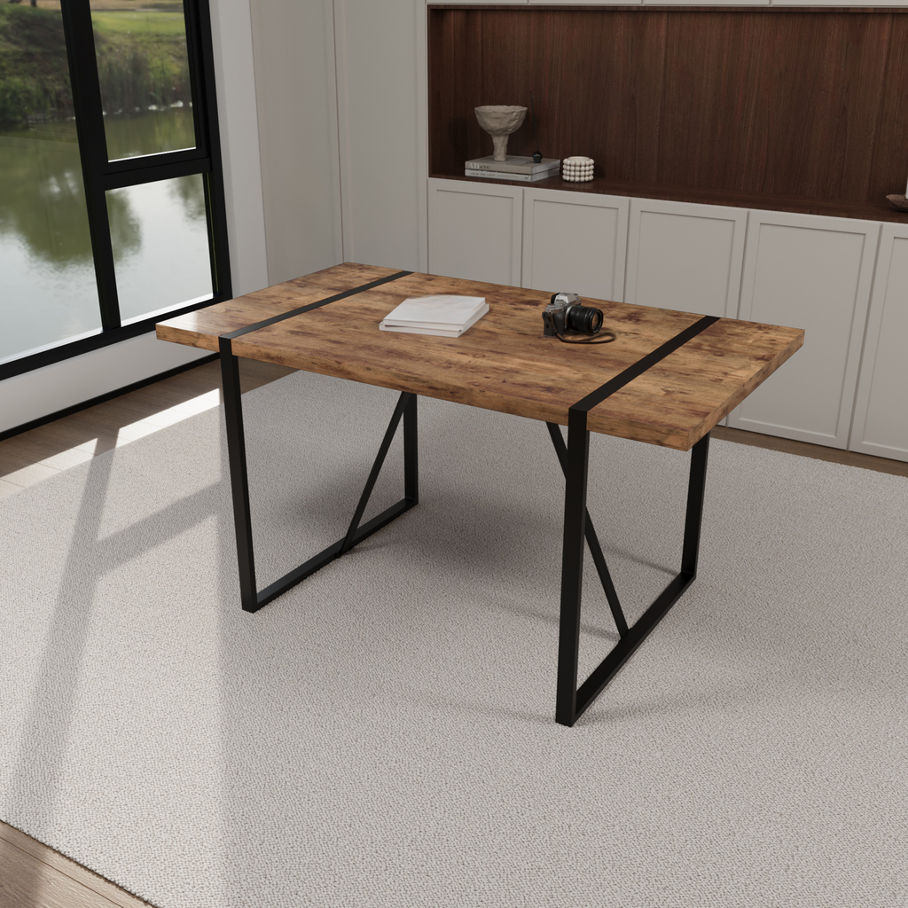 Rustic wood desk with black metal legs and modern design