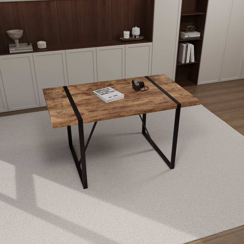 Rustic wood grain desk with black metal legs