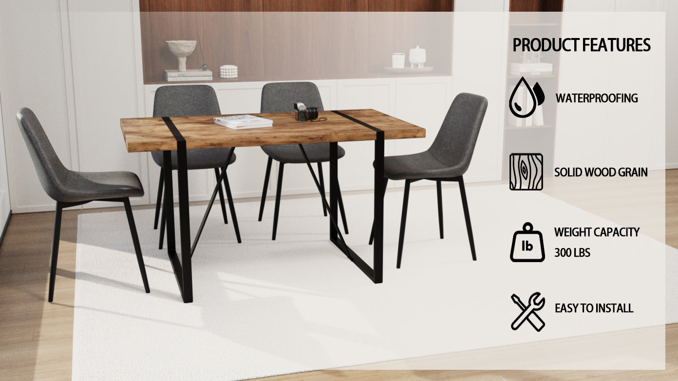 Rustic dining table with wood grain top and black metal legs