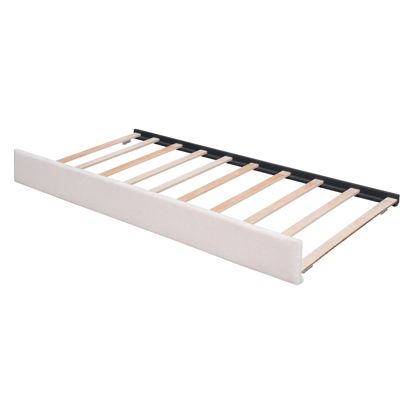 Cream upholstered bed frame with wooden slats