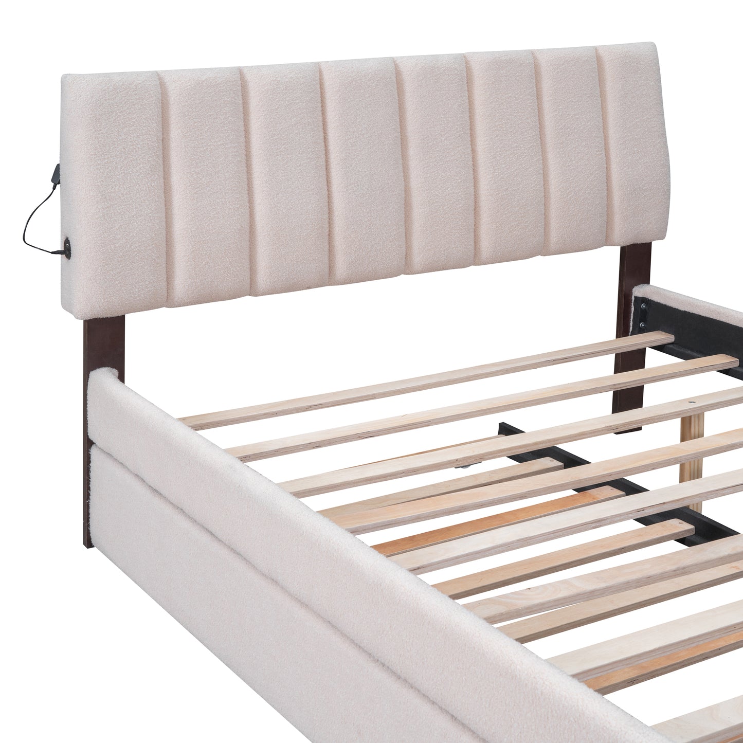 Cream boucle upholstered bed frame with a channeltufted headboard and integrated USB ports