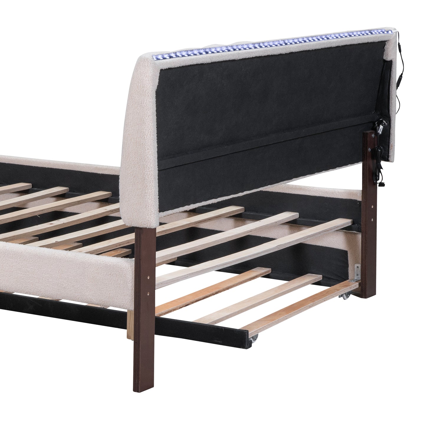 Beige upholstered bed frame with wooden slats and integrated LED lights