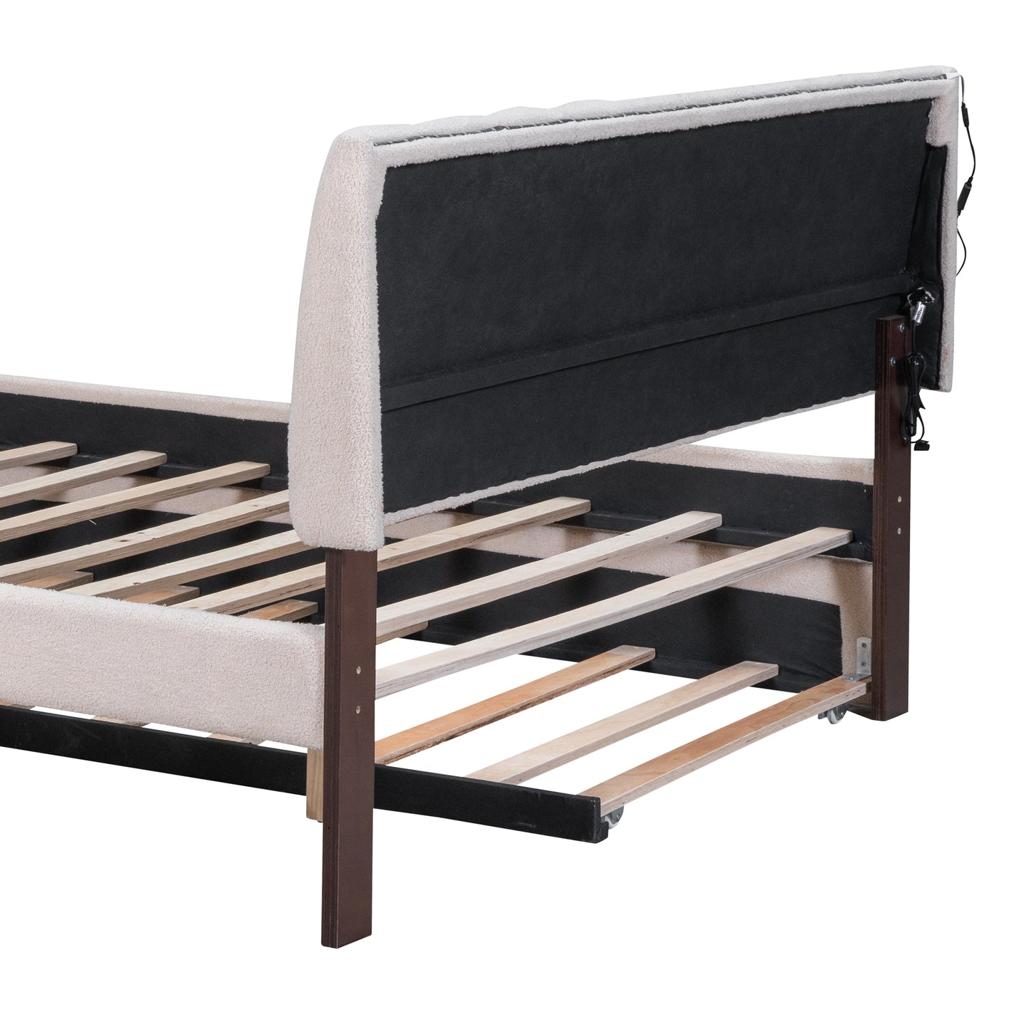 Cream boucle upholstered bed frame with dark brown wooden legs