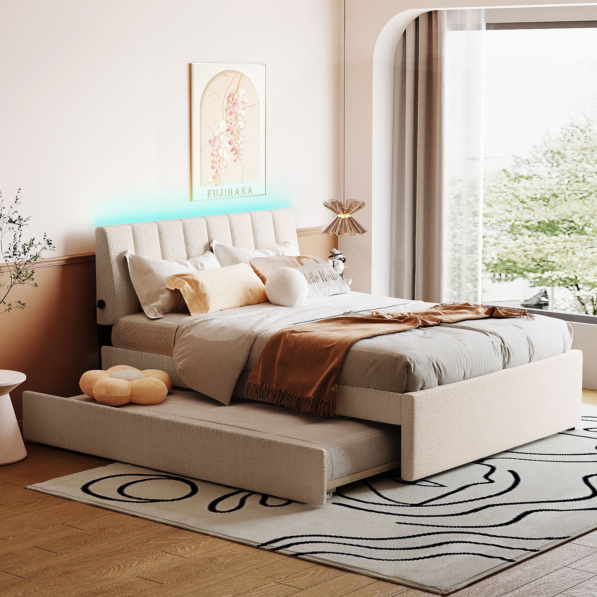 Modern beige upholstered bed with integrated pullout trundle