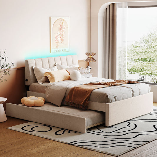 Modern beige upholstered bed with integrated pullout trundle