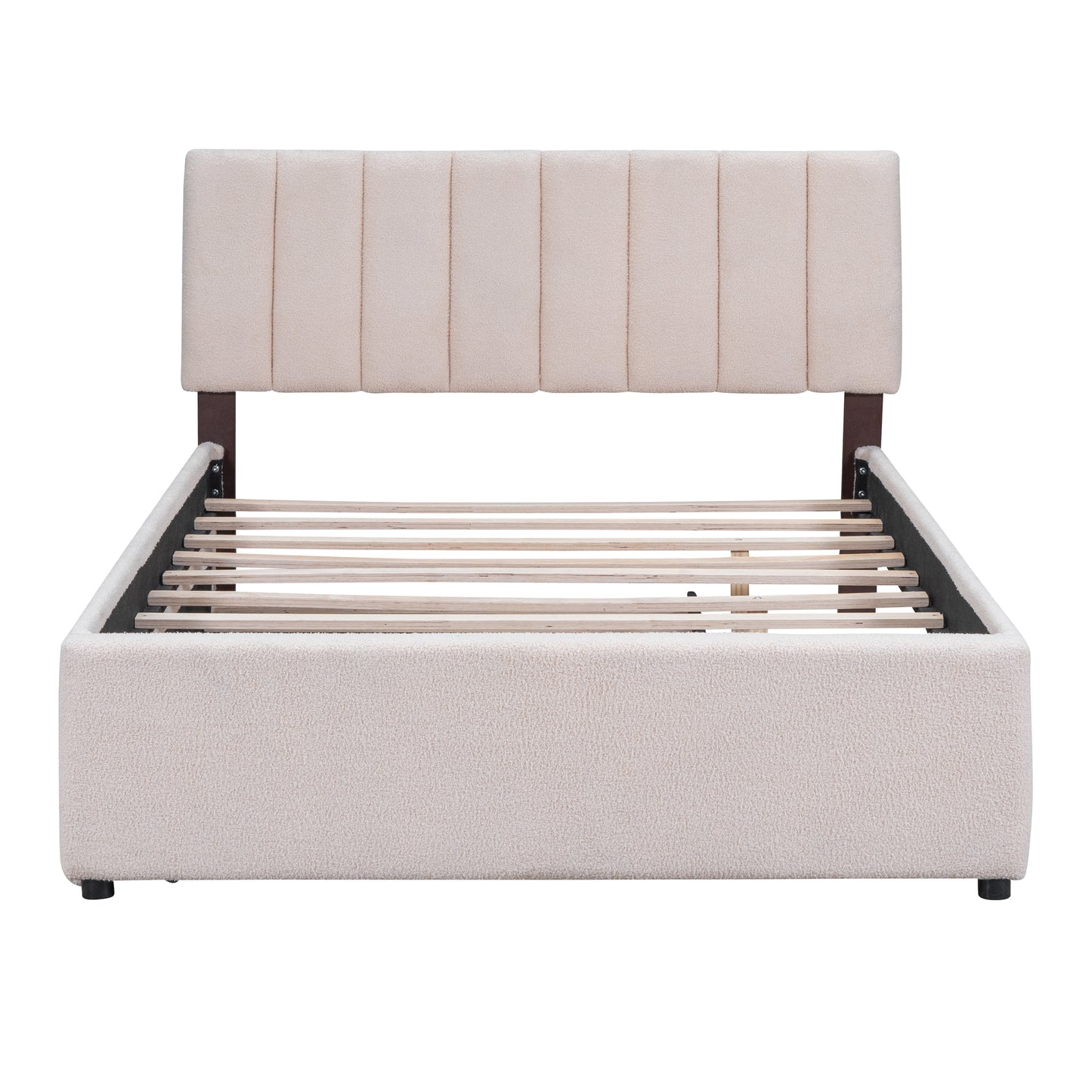 Cream boucl upholstered platform bed frame with channel tufted headboard for modern bedrooms