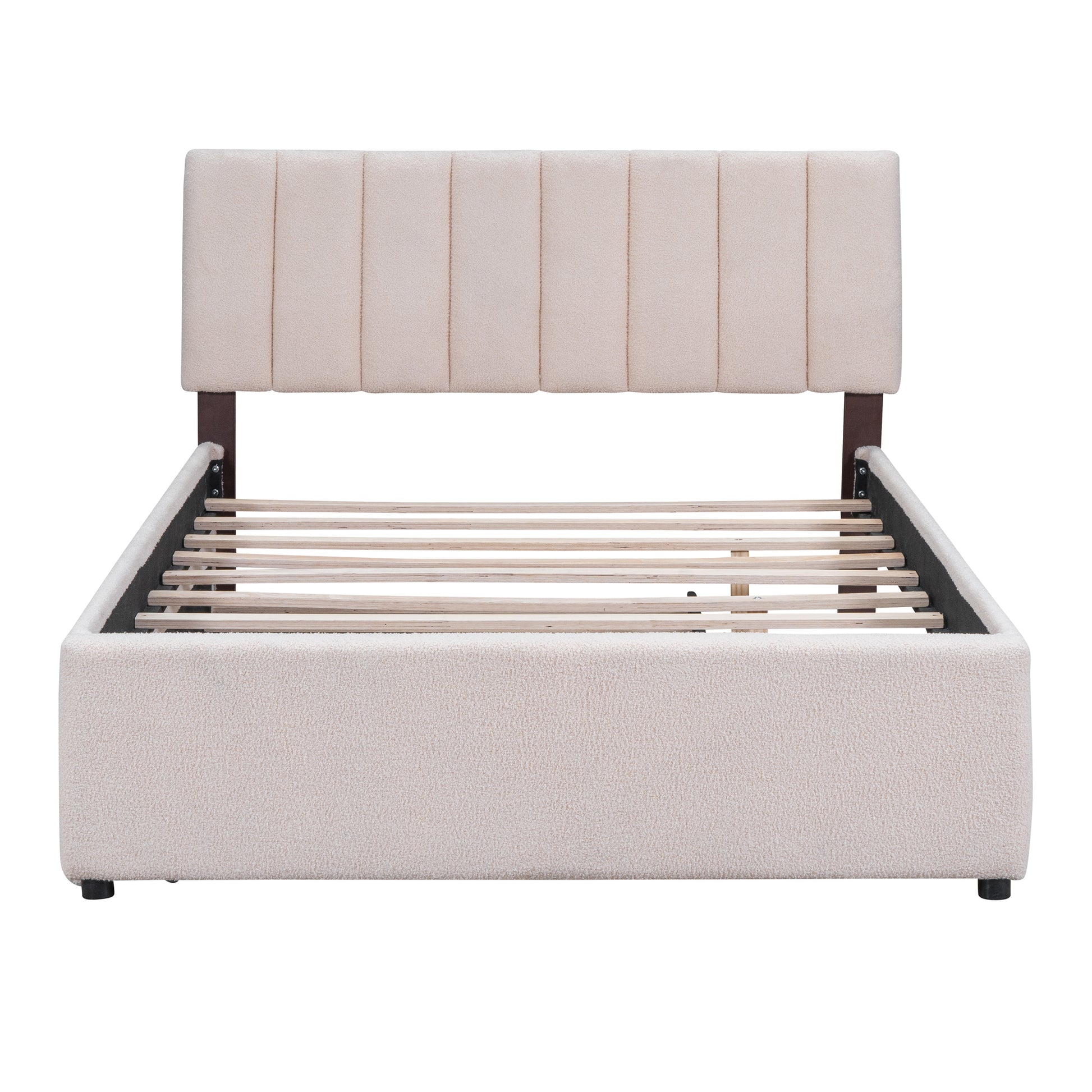 Cream boucl upholstered platform bed frame with channel tufted headboard for modern bedrooms