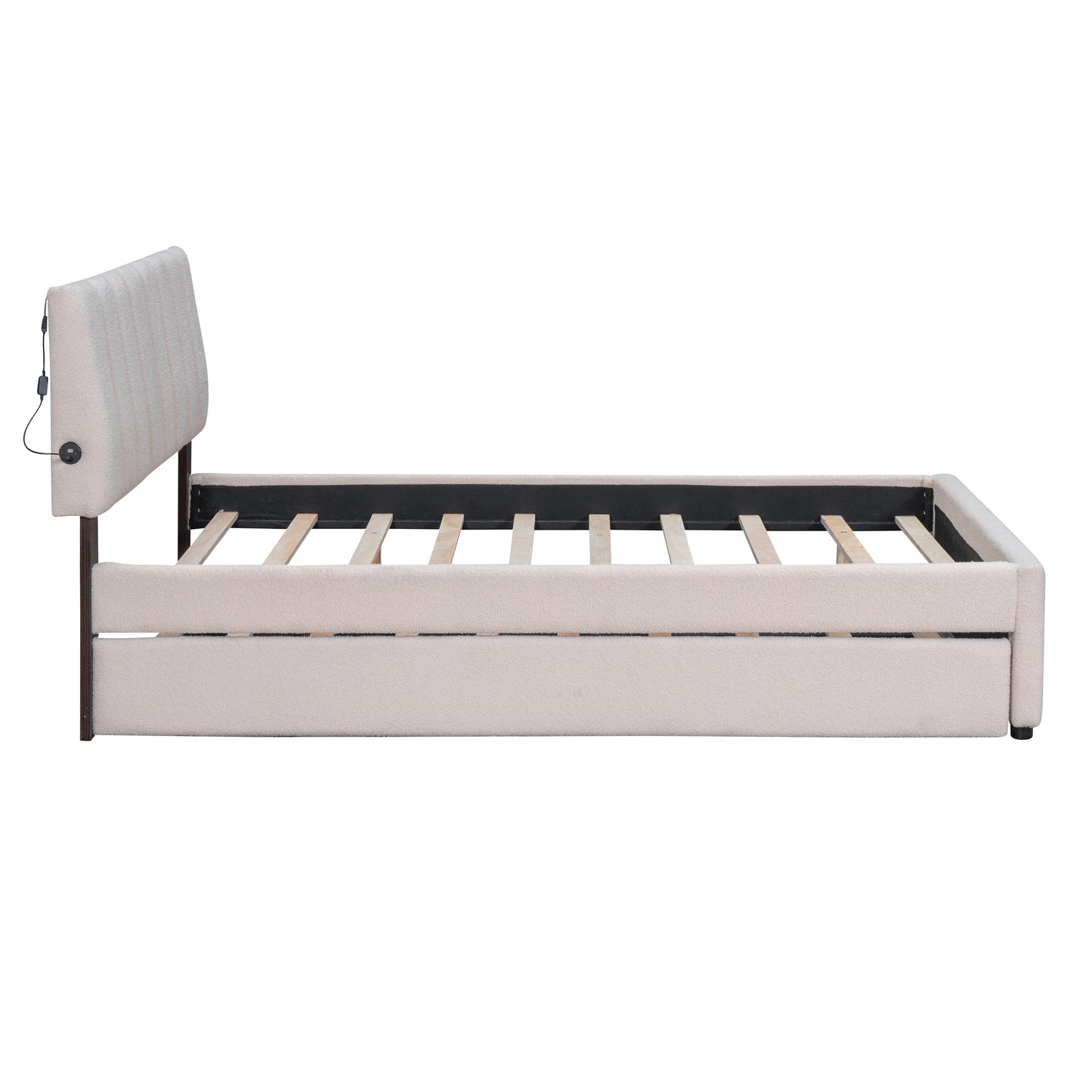 Upholstered platform bed frame in light beige with integrated USB charging ports