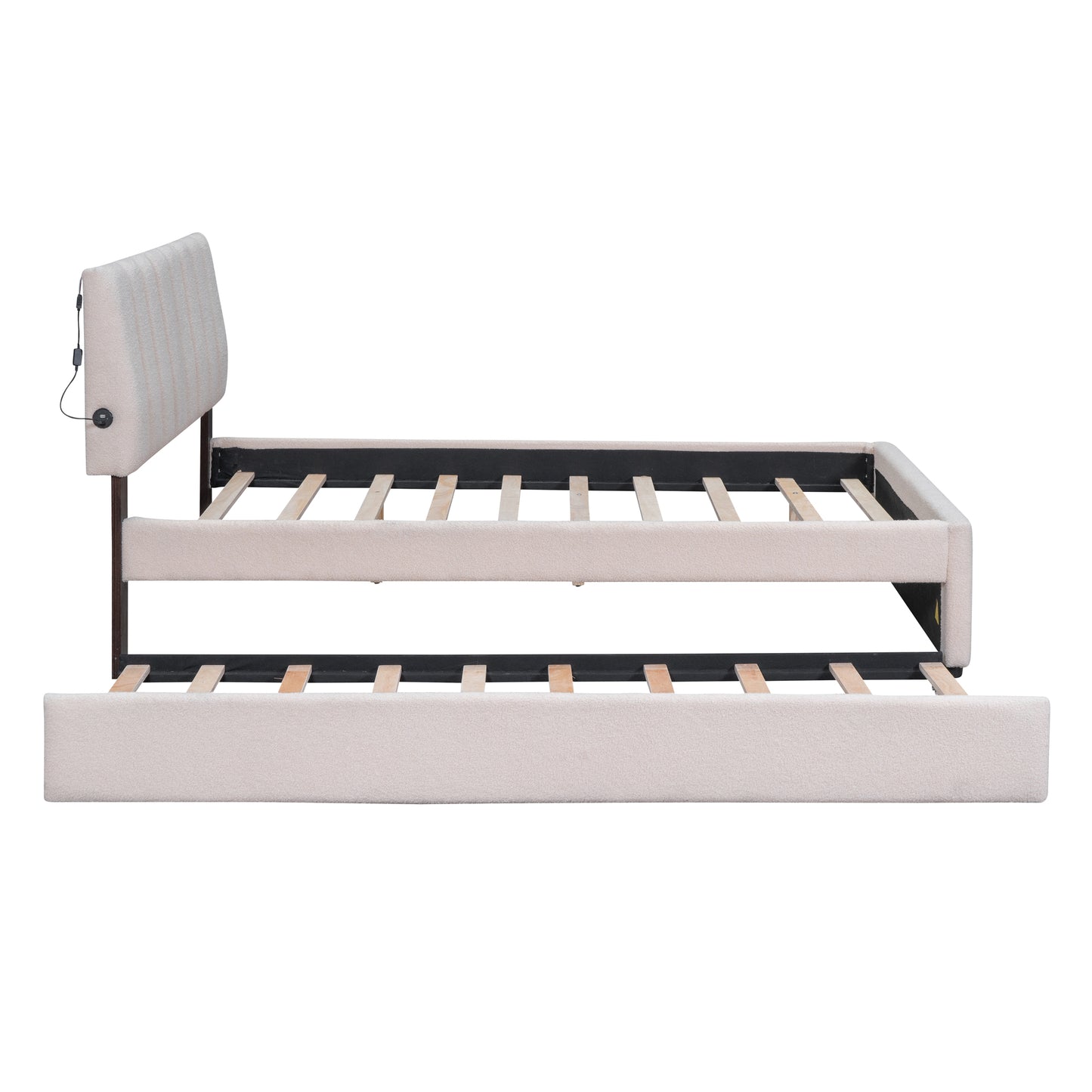 Light beige upholstered bed frame with pullout trundle and integrated USB charging port