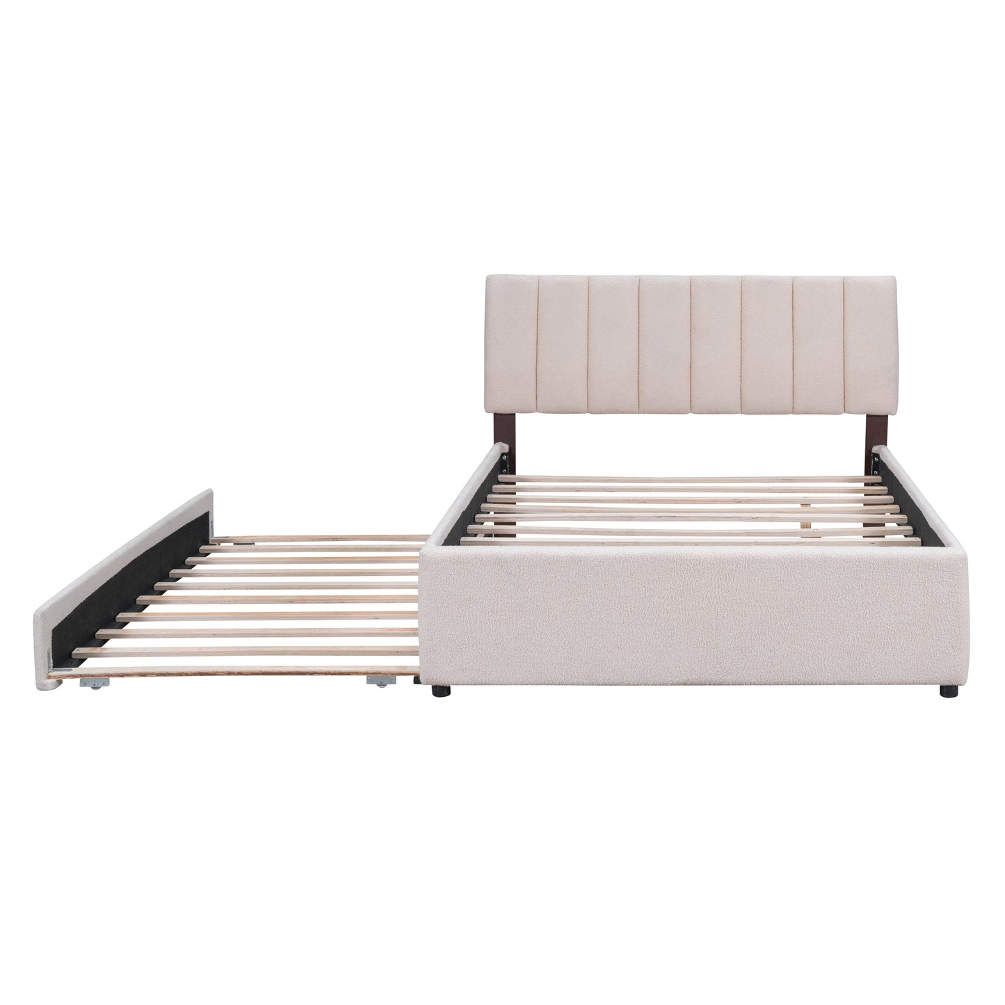 Beige upholstered twin bed frame with a pullout trundle drawer