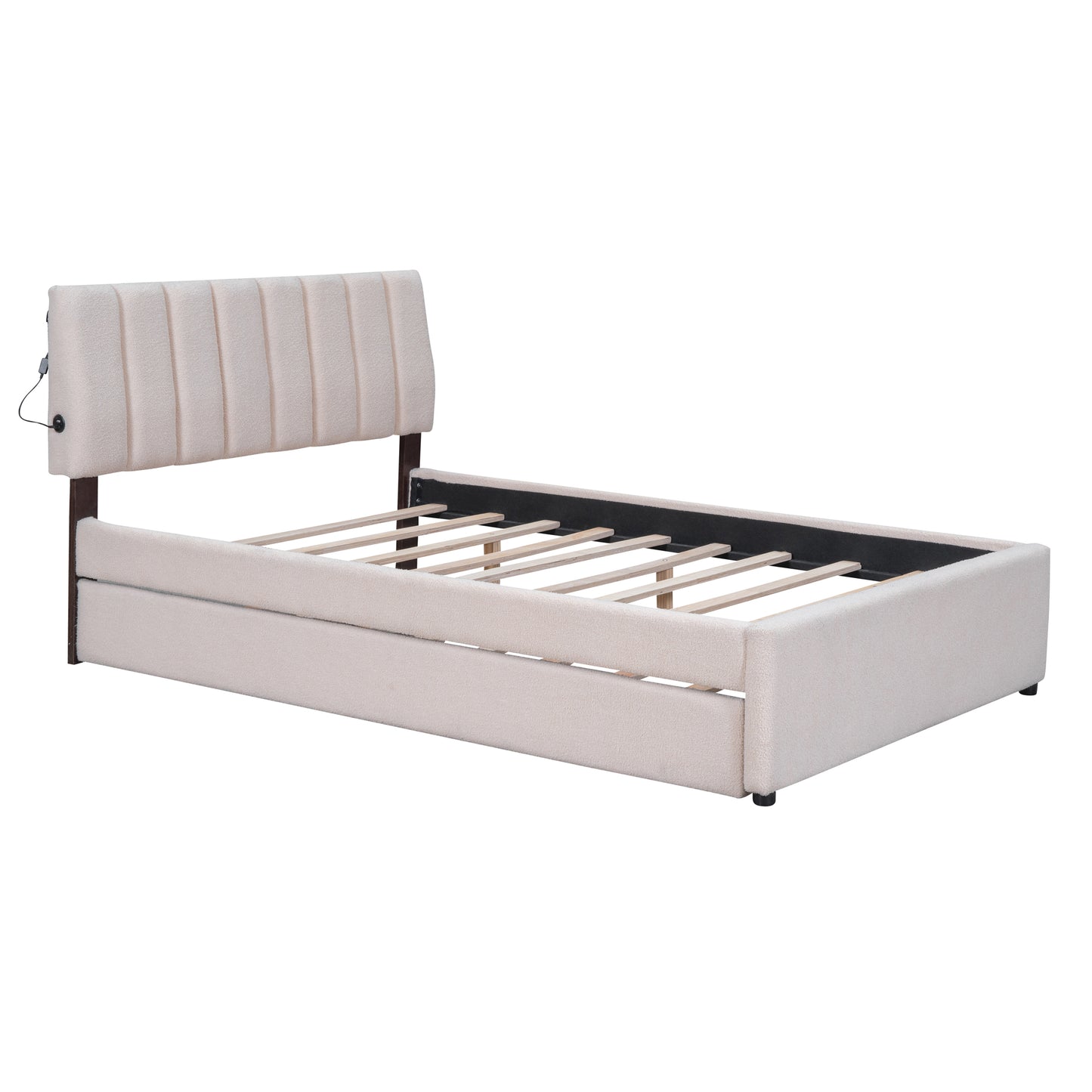 Tufted upholstered bed frame in cream with builtin USB ports