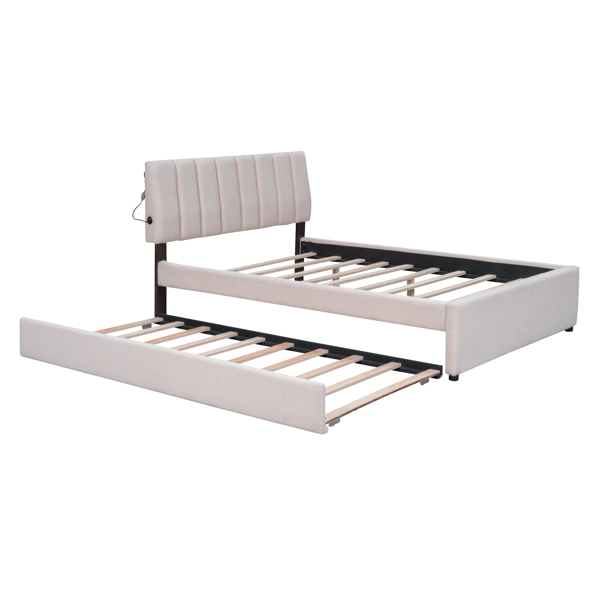 Cream upholstered twin bed frame with integrated pullout trundle