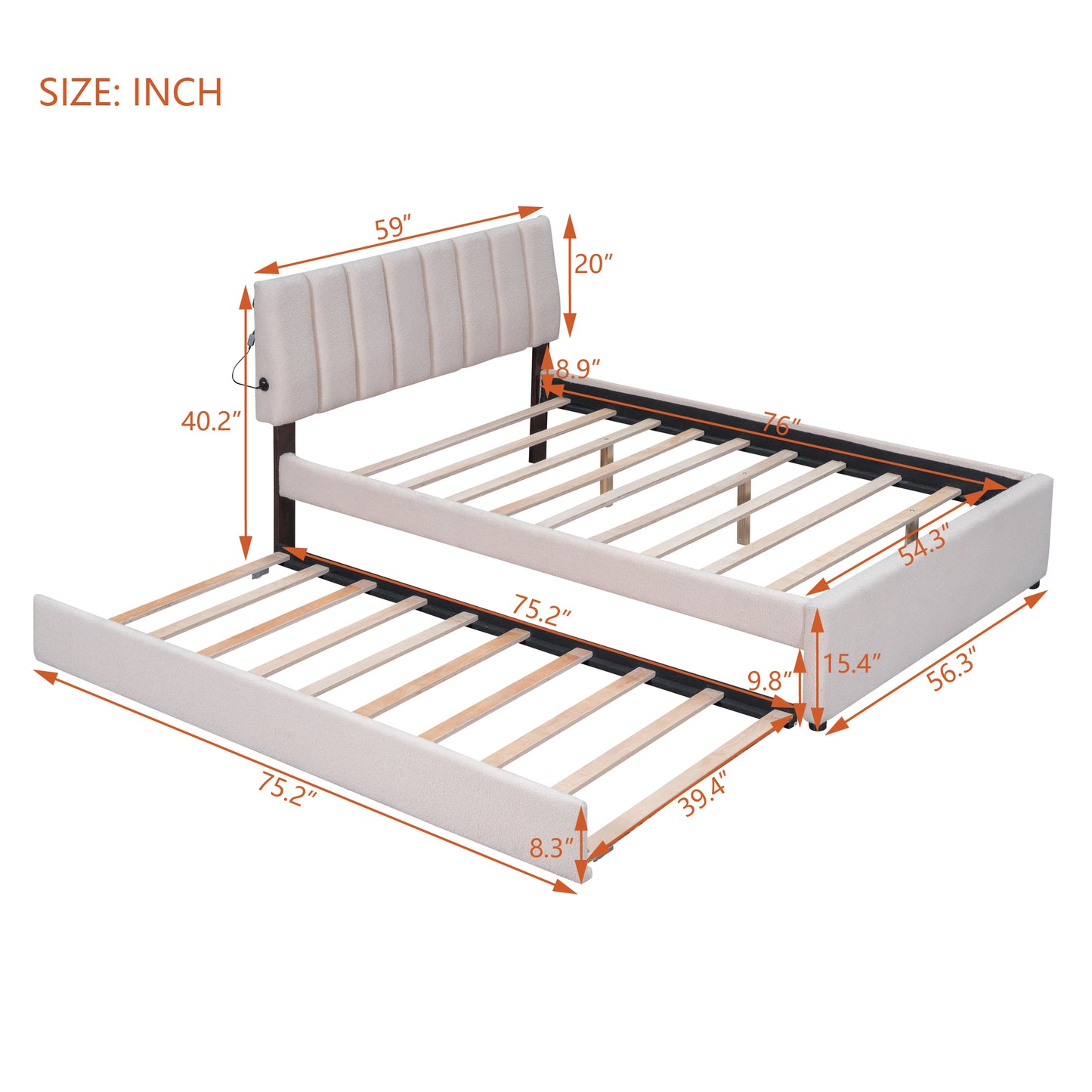 Beige upholstered twin bed frame with pullout trundle and wooden slats  wide