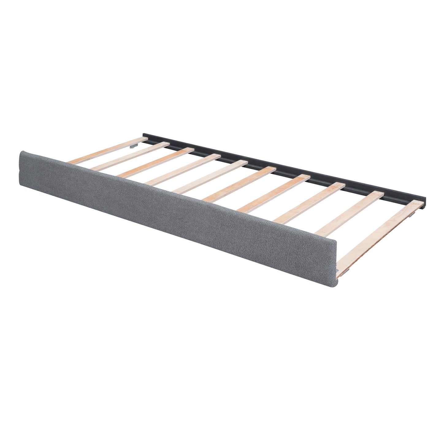 Gray upholstered trundle bed frame with wooden slats