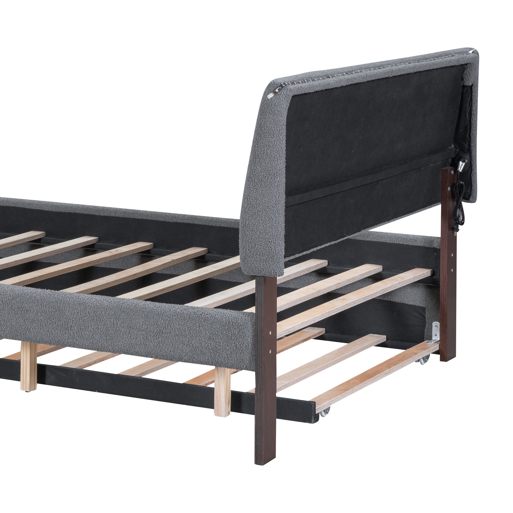 Grey upholstered bed frame base with wooden slats