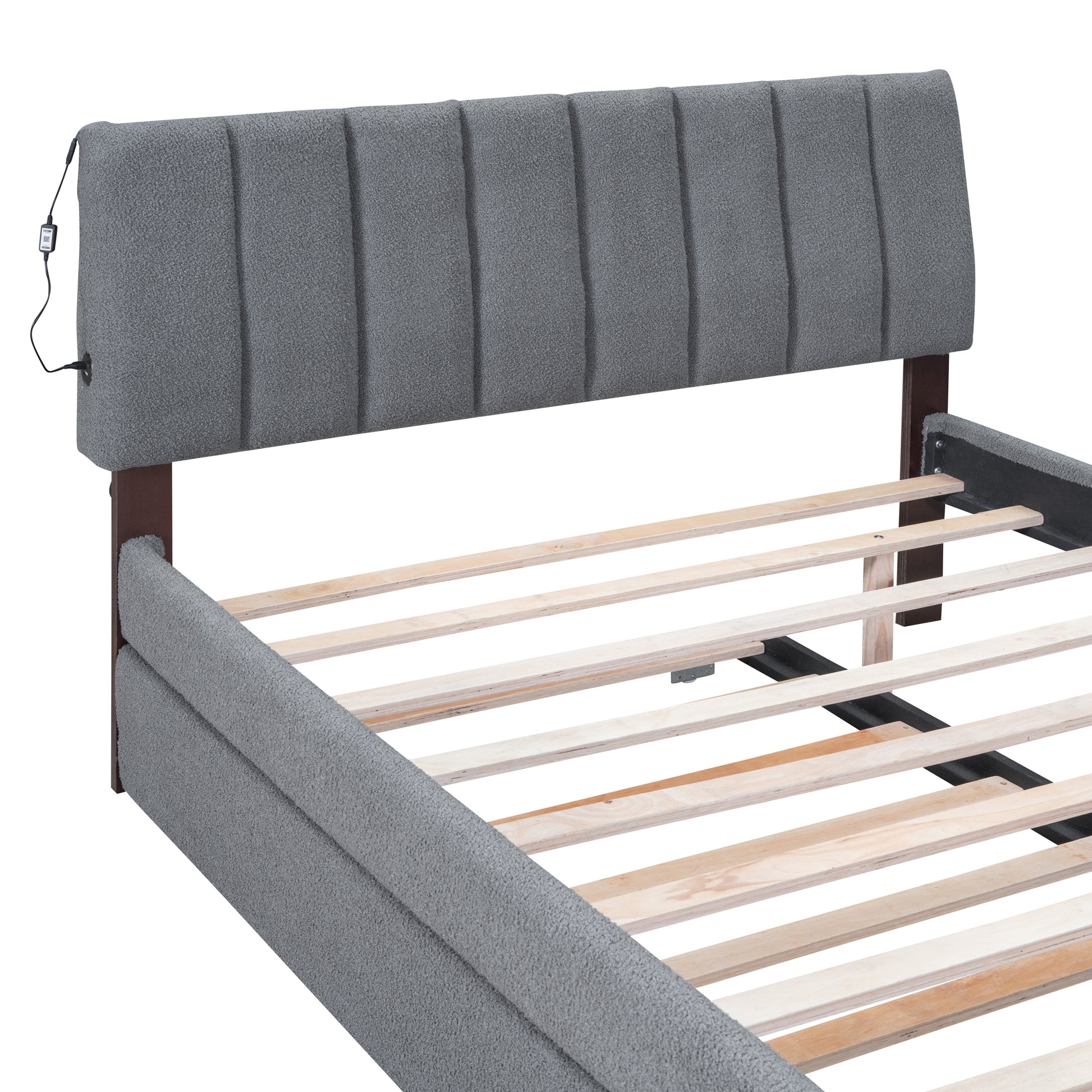 Gray upholstered bed frame with channel tufted headboard
