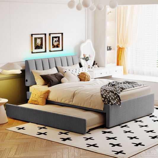 Grey upholstered twin bed with trundle and modern channel tufting ideal for kids rooms