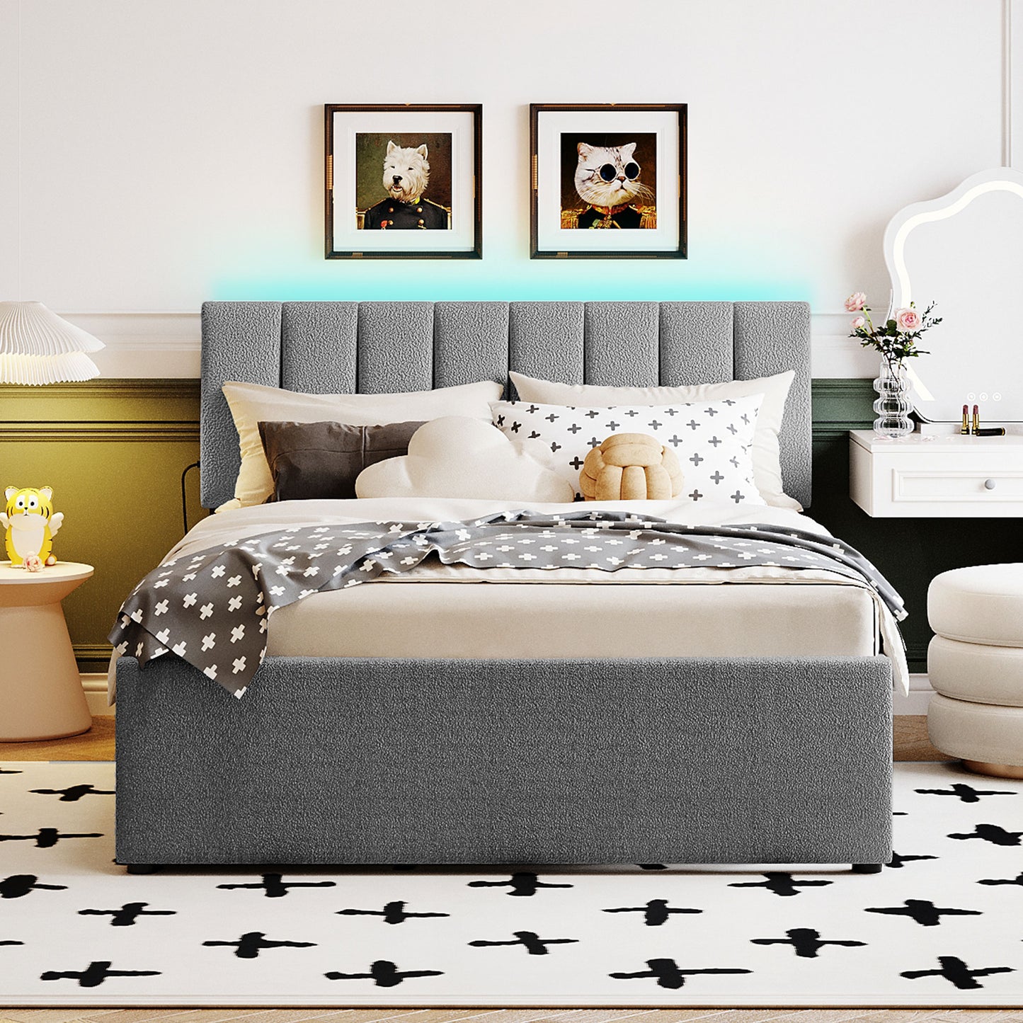 Gray upholstered bed frame with padded headboard and teal LED lighting