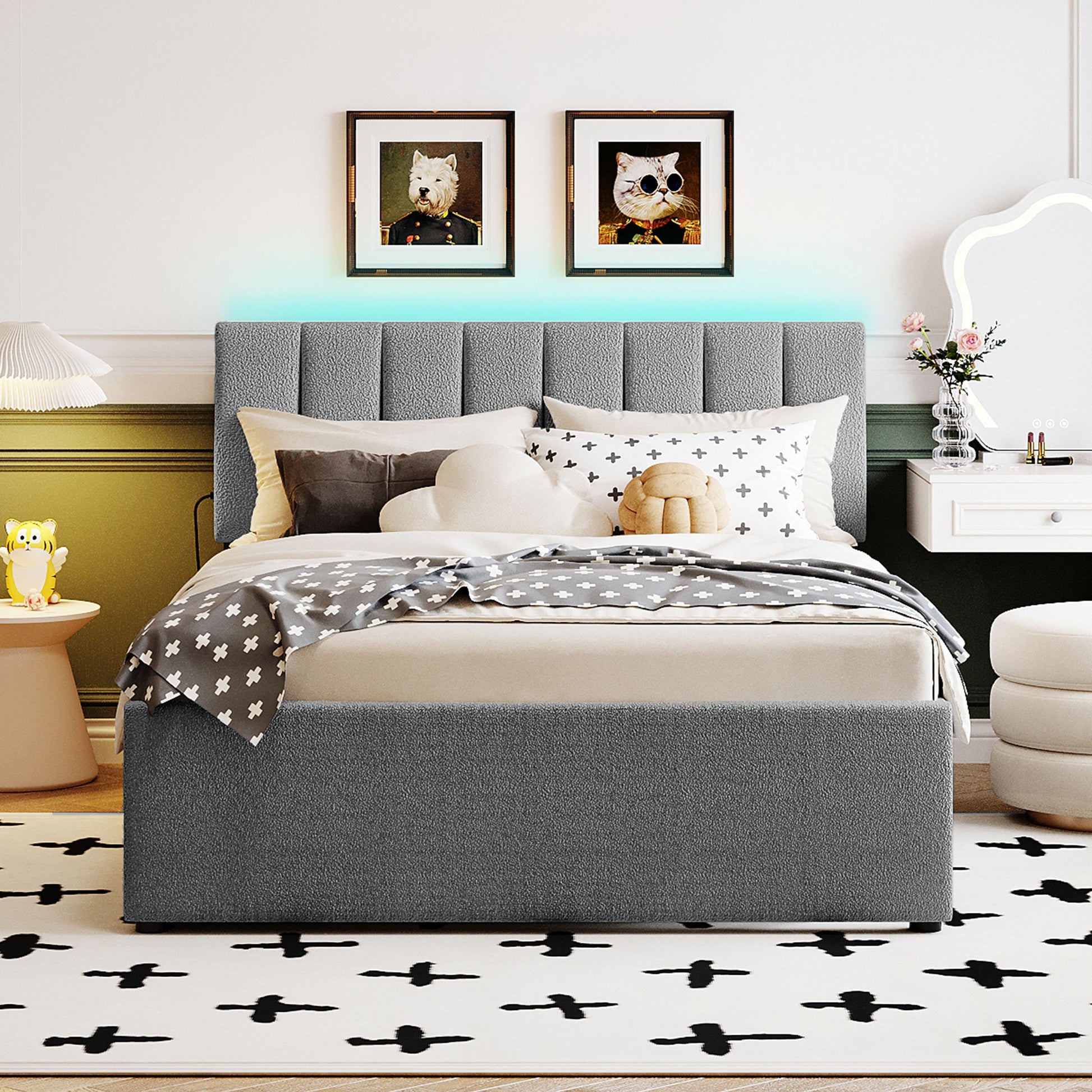 Gray upholstered bed frame with padded headboard and teal LED lighting