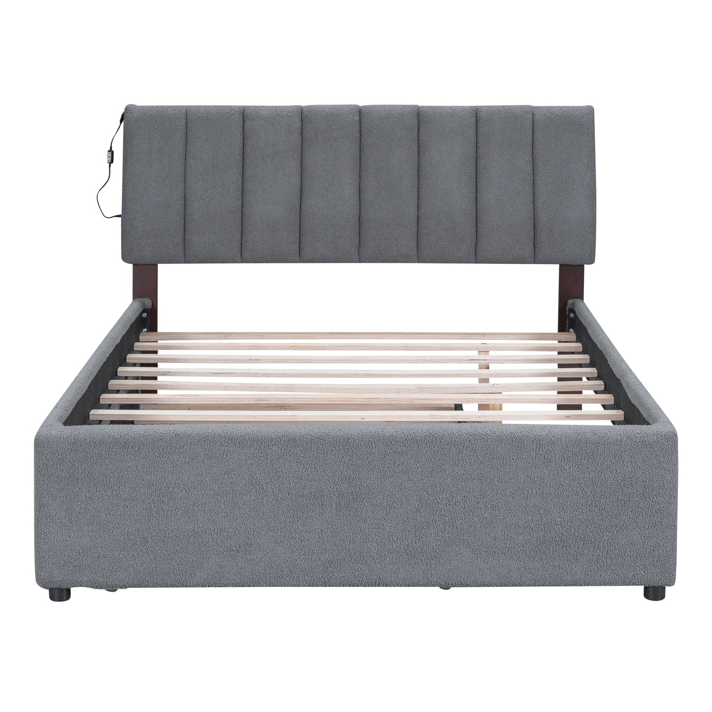 Gray upholstered bed frame with padded headboard and wooden slats