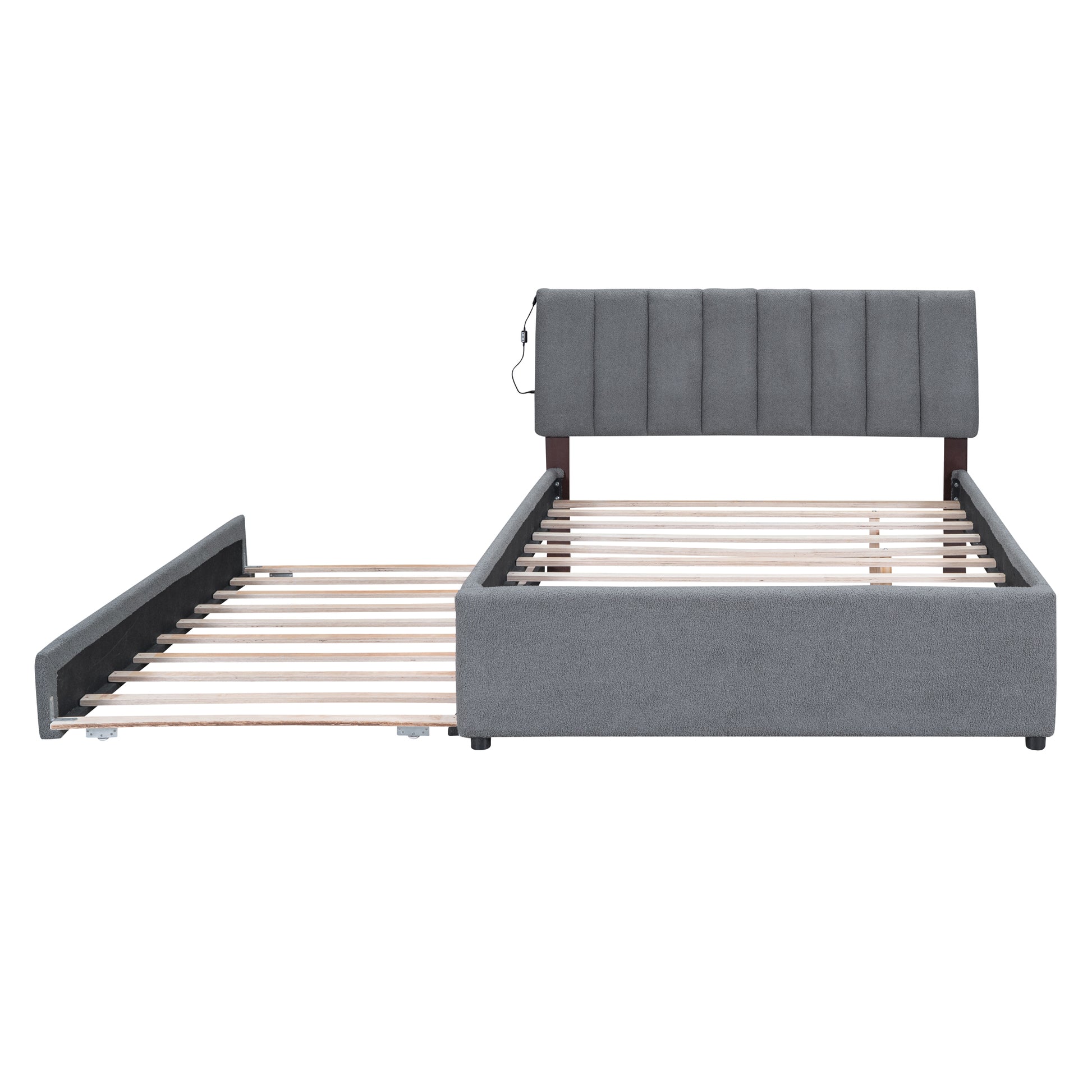 Gray upholstered bed frame with pullout trundle