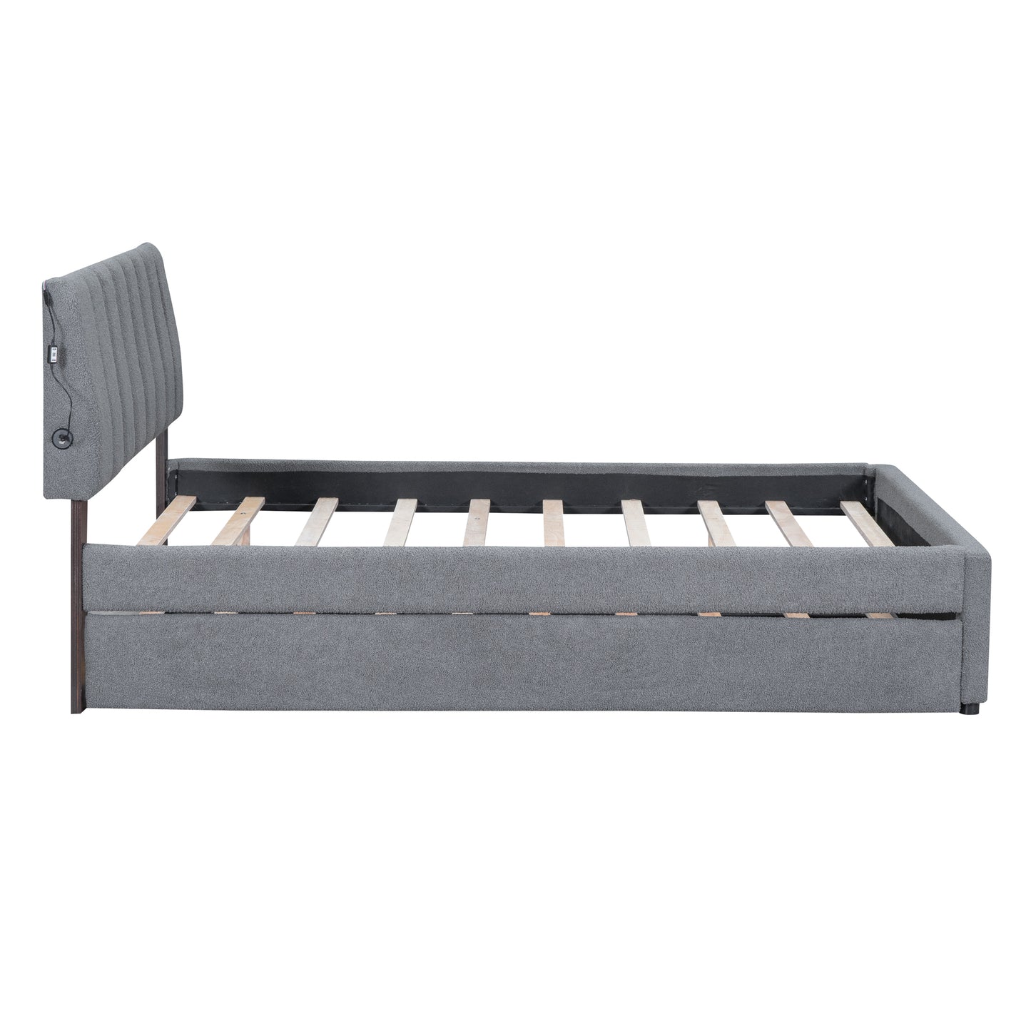 Gray upholstered bed frame with channel tufted headboard and USB charging