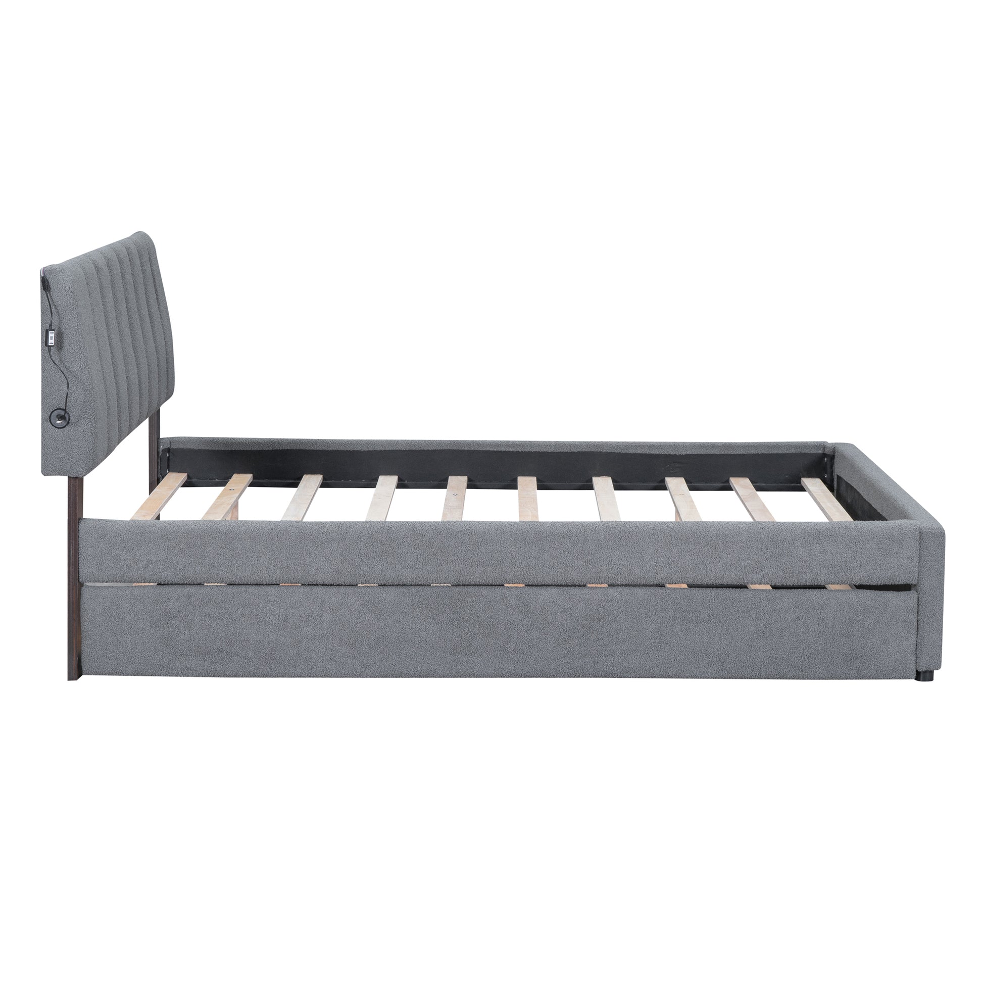 Gray upholstered bed frame with channel tufted headboard and USB charging