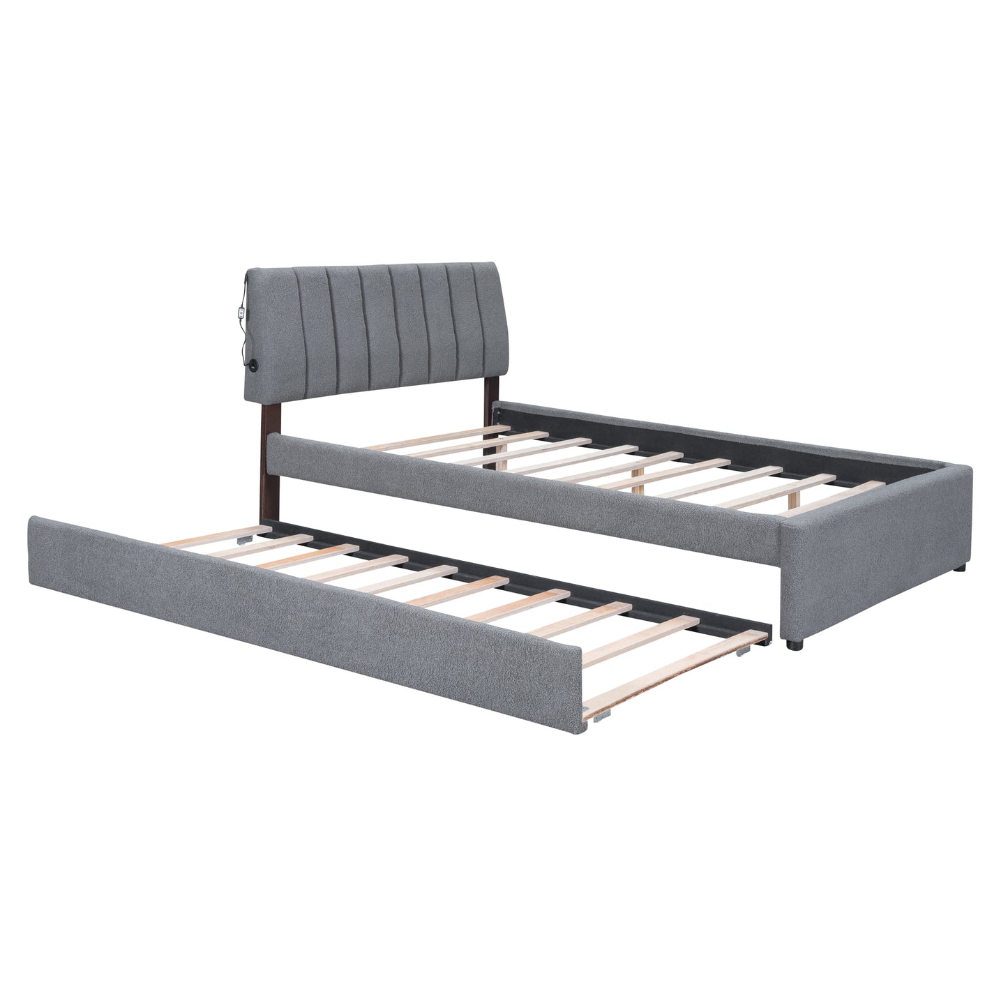 Grey upholstered twin daybed with pullout trundle