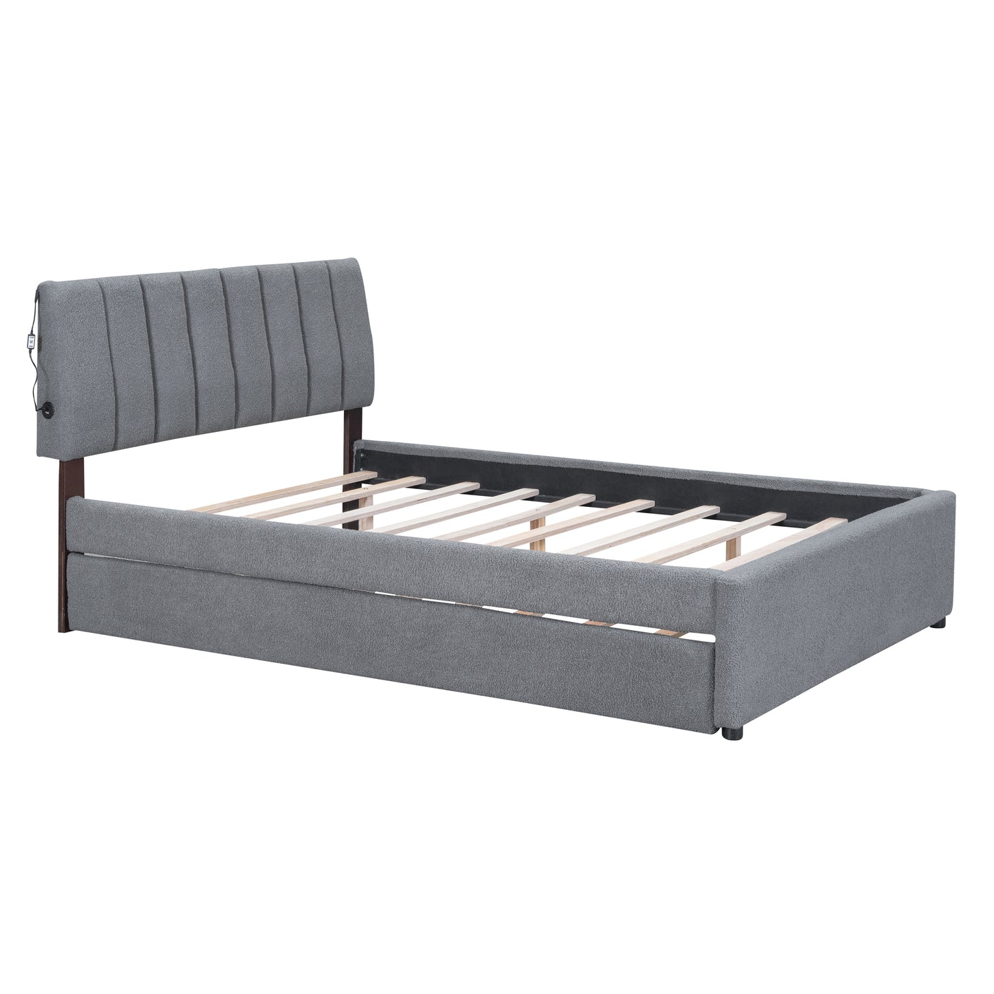 Gray upholstered bed frame with a tufted headboard and wooden slats