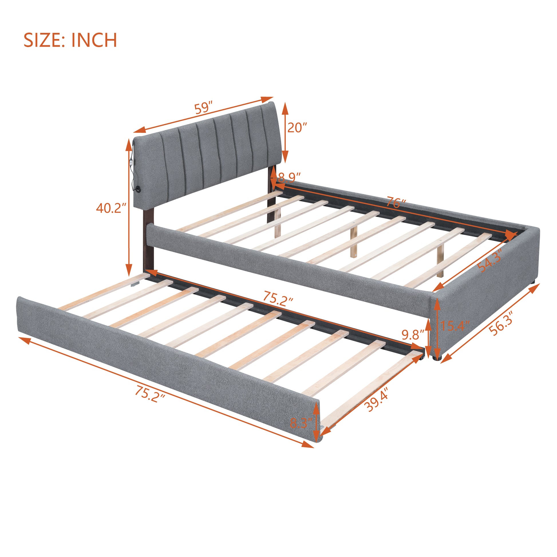 Gray upholstered bed frame with pullout trundle and builtin charging ports