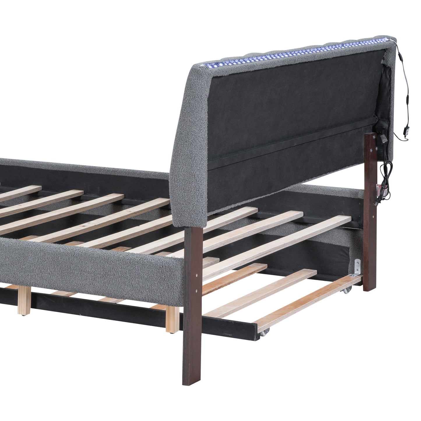 Grey upholstered bed frame with builtin LED lights on the headboard and wooden slats