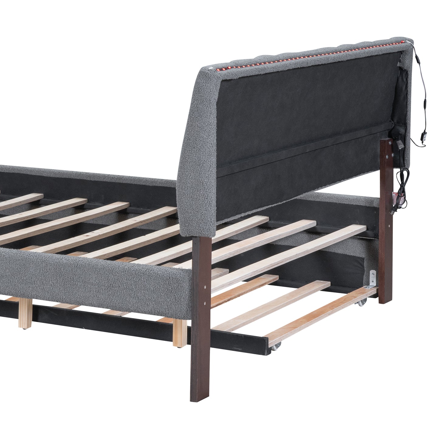 Gray upholstered bed frame showing wooden slats and LED strip
