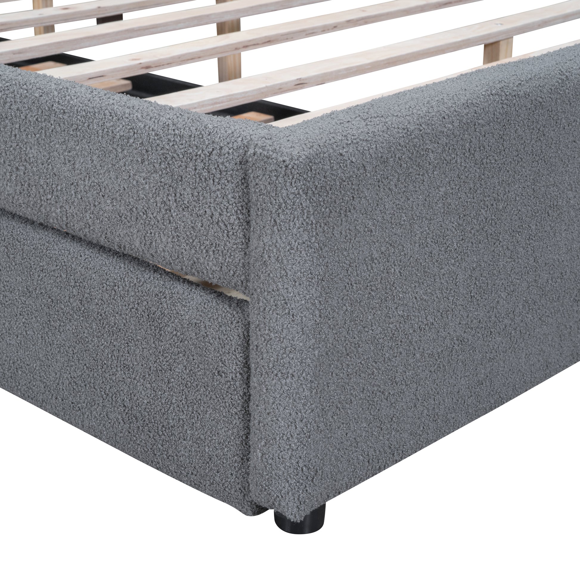 Gray teddy fabric platform bed frame with wooden slats