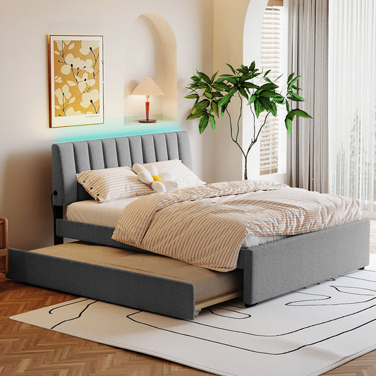 Grey upholstered bed with integrated trundle modern design for kids rooms