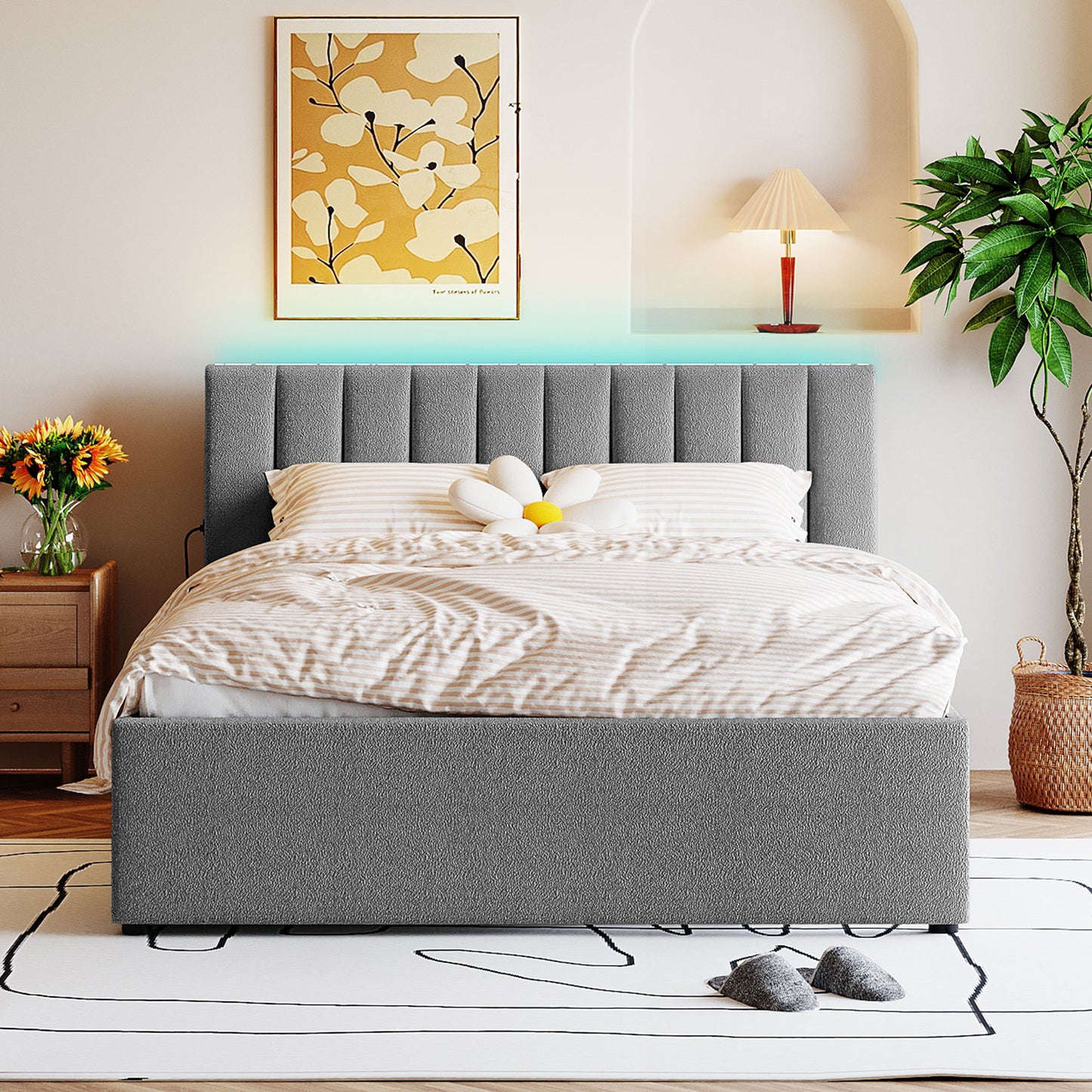 Gray upholstered bed frame with channel tufting and LED headboard lighting